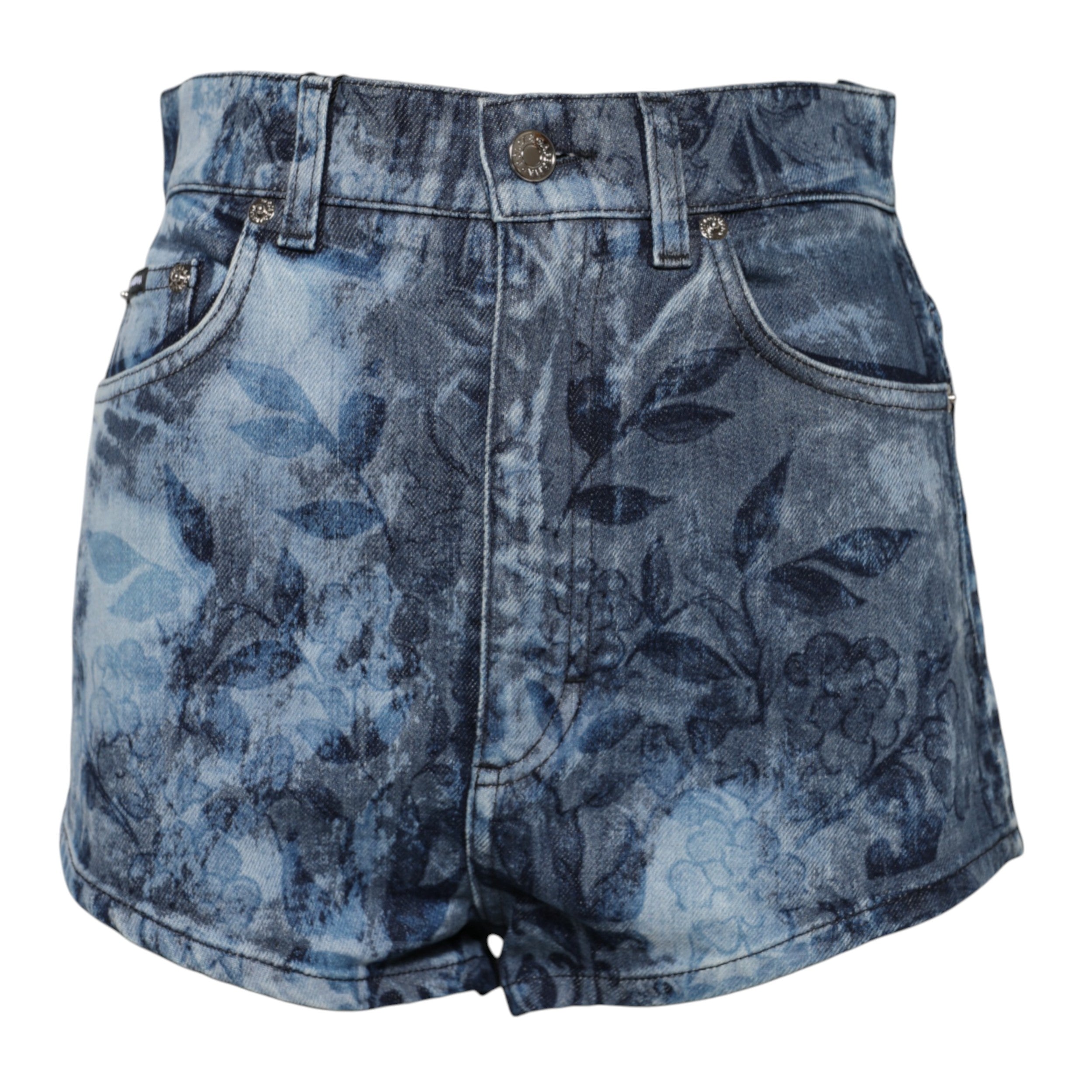 New Dolce & Gabbana Blue Floral Print Denim Cotton Hot Pants Shorts