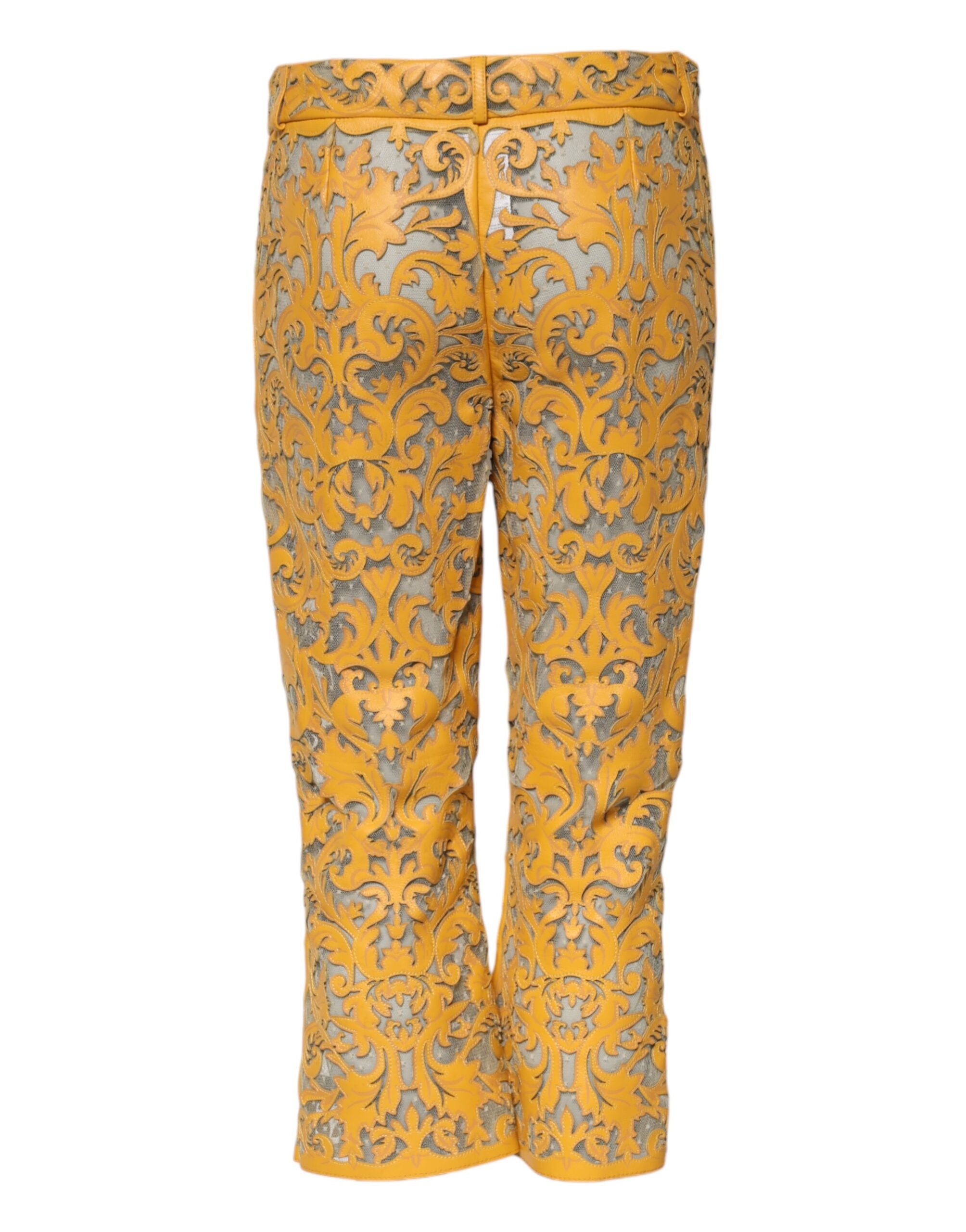 New Dolce & Gabbana Yellow Floral Lace Mid Waist Capri Pants