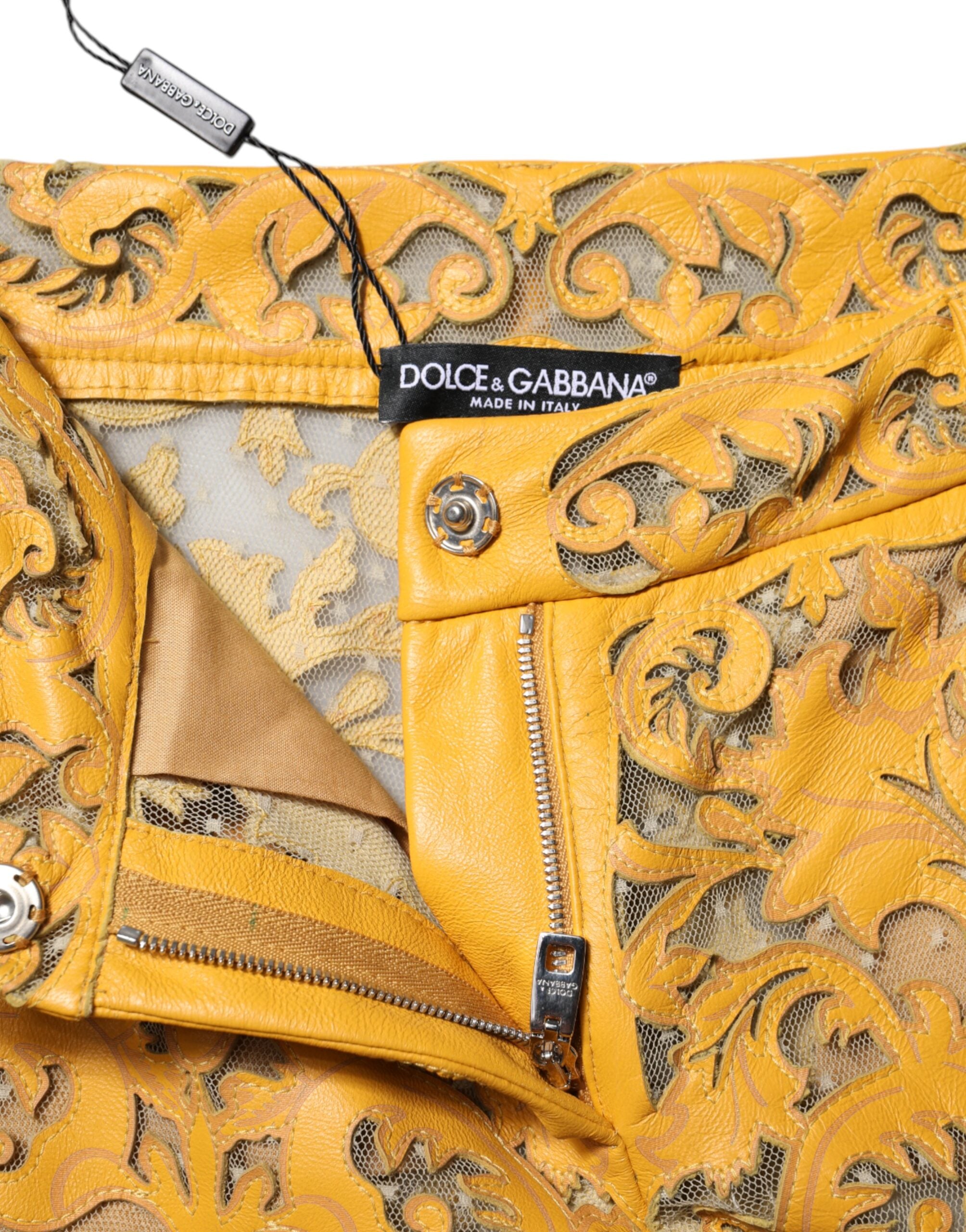 New Dolce & Gabbana Yellow Floral Lace Mid Waist Capri Pants