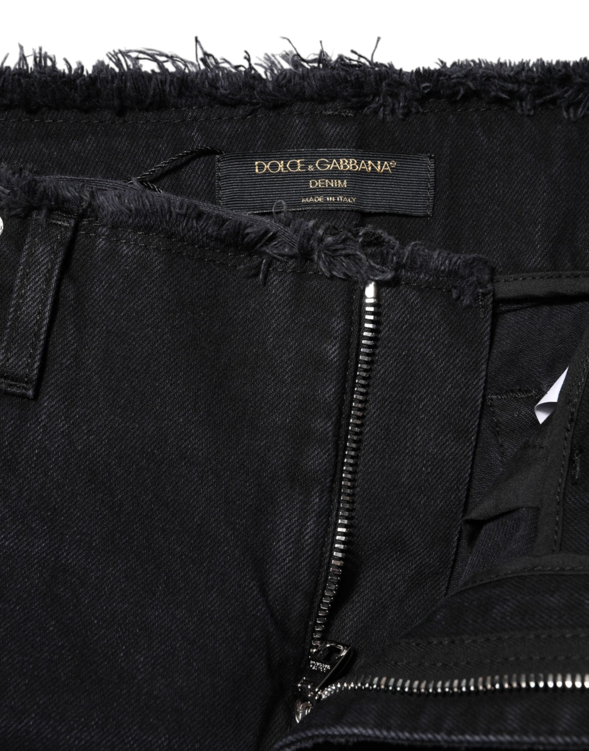 New Dolce & Gabbana Black Cotton Tattered Mid Waist Denim Jeans