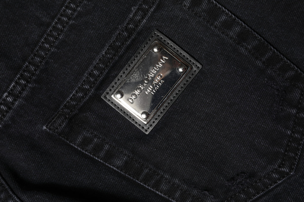 New Dolce & Gabbana Black Cotton Tattered Mid Waist Denim Jeans