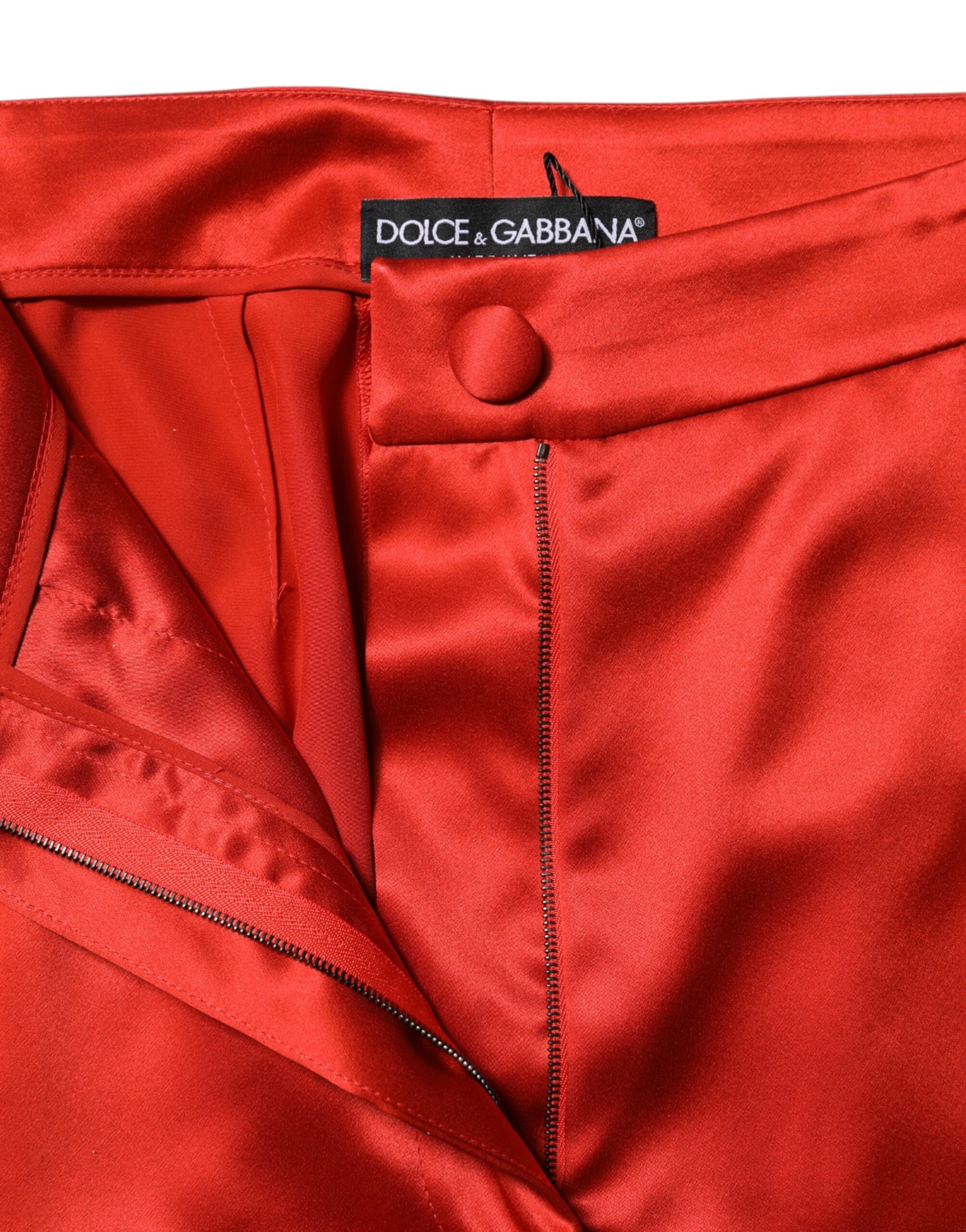 New Dolce & Gabbana Red Satin High Waist Wide Leg Pants