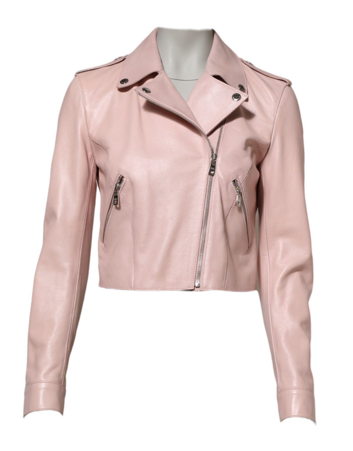 New Dolce & Gabbana Light Pink Collar Leather Women Biker Jacket