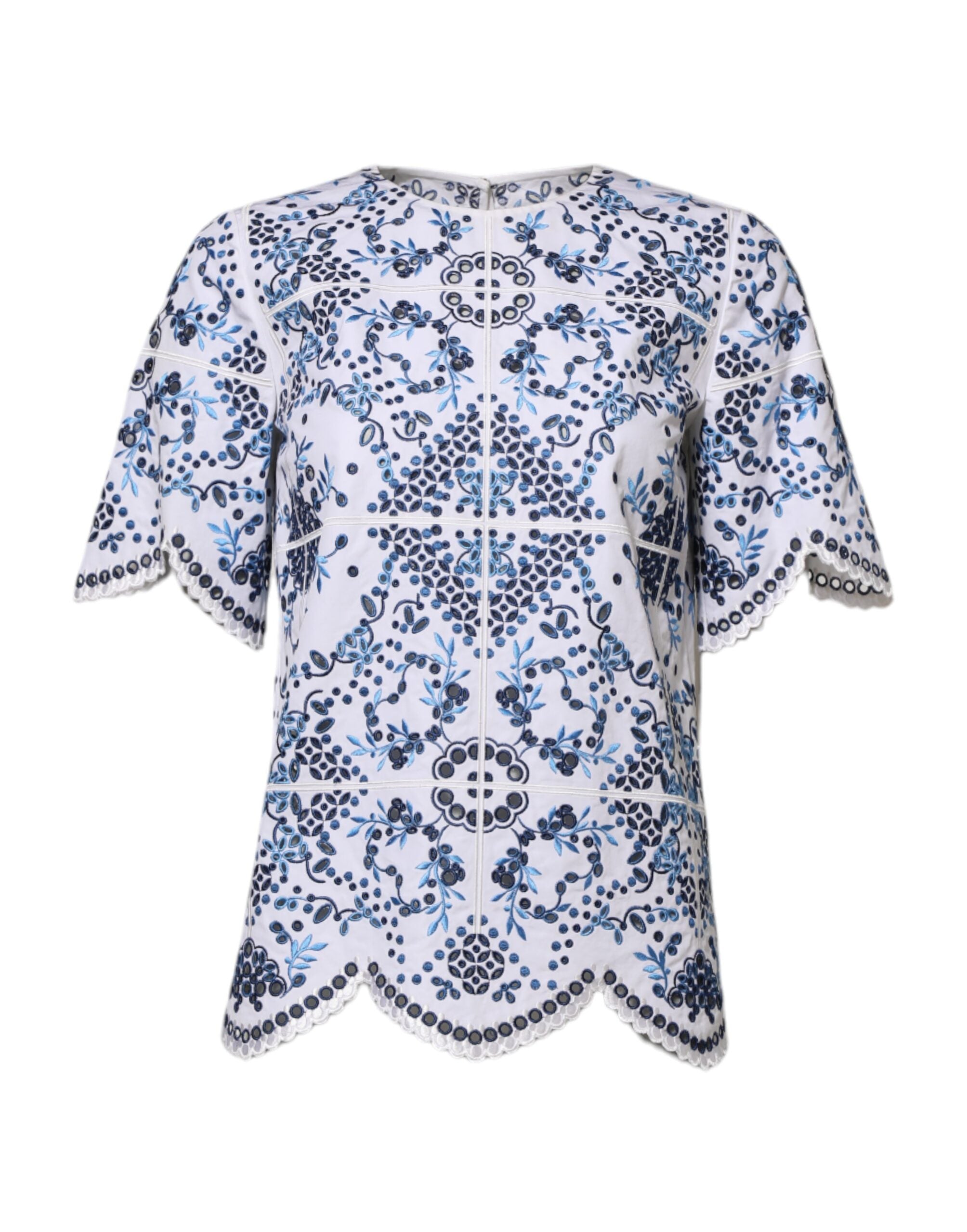 Dolce & Gabbana Blue Lace Eyelet Crew Neck Blouse Top