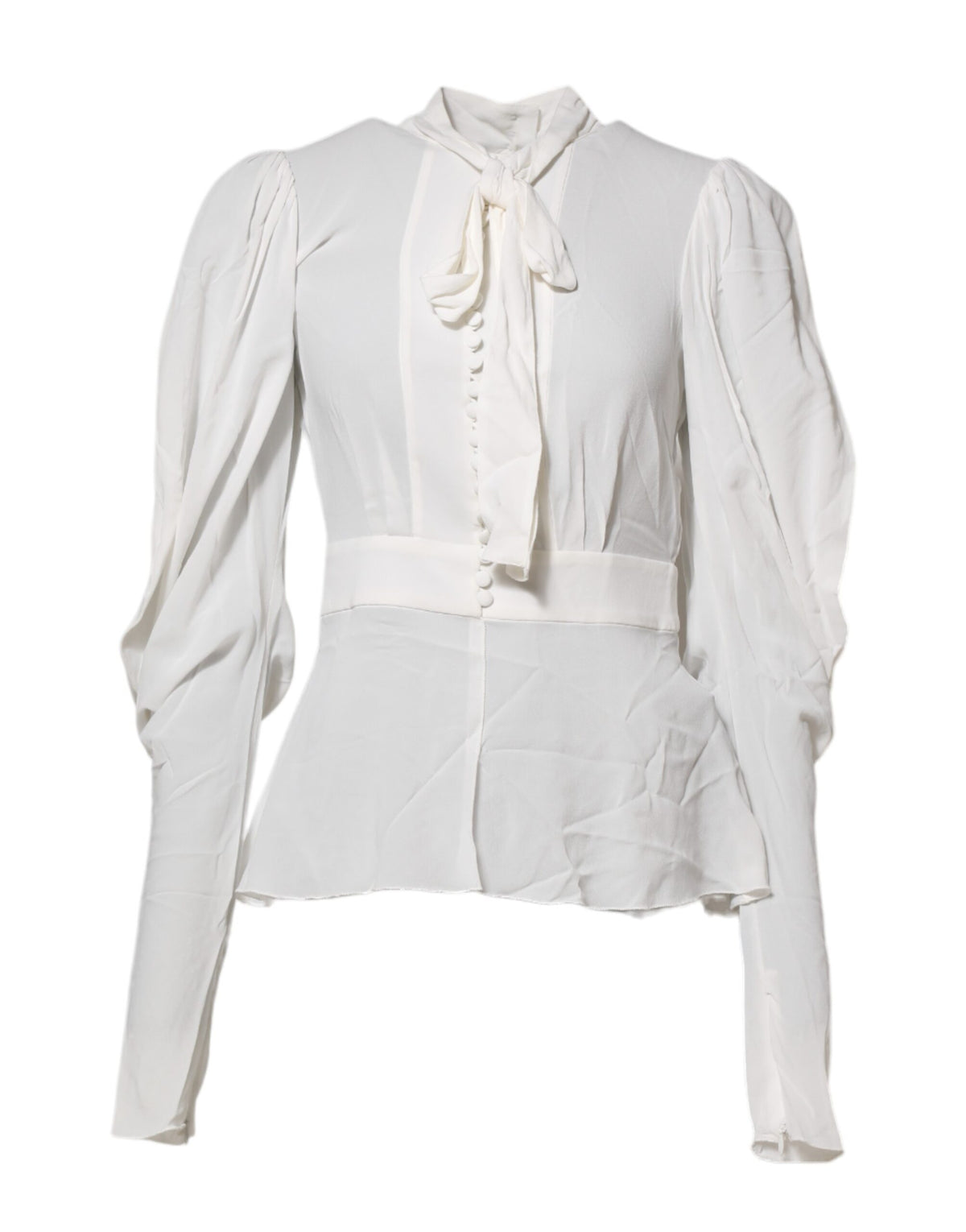 New Dolce & Gabbana White Ascot Collar Long Sleeves Top