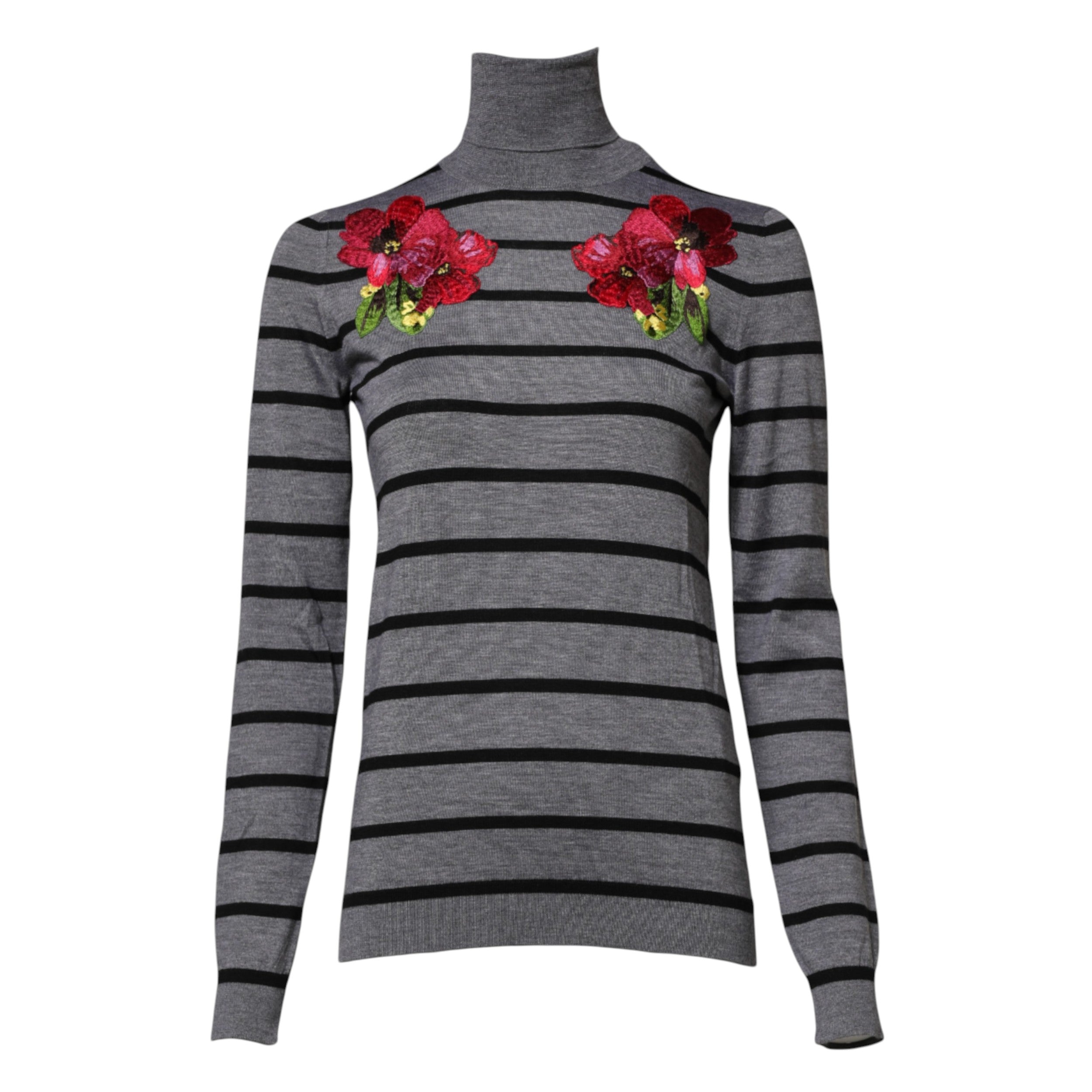 New Dolce & Gabbana Gray Floral Embroidery Pullover Sweater