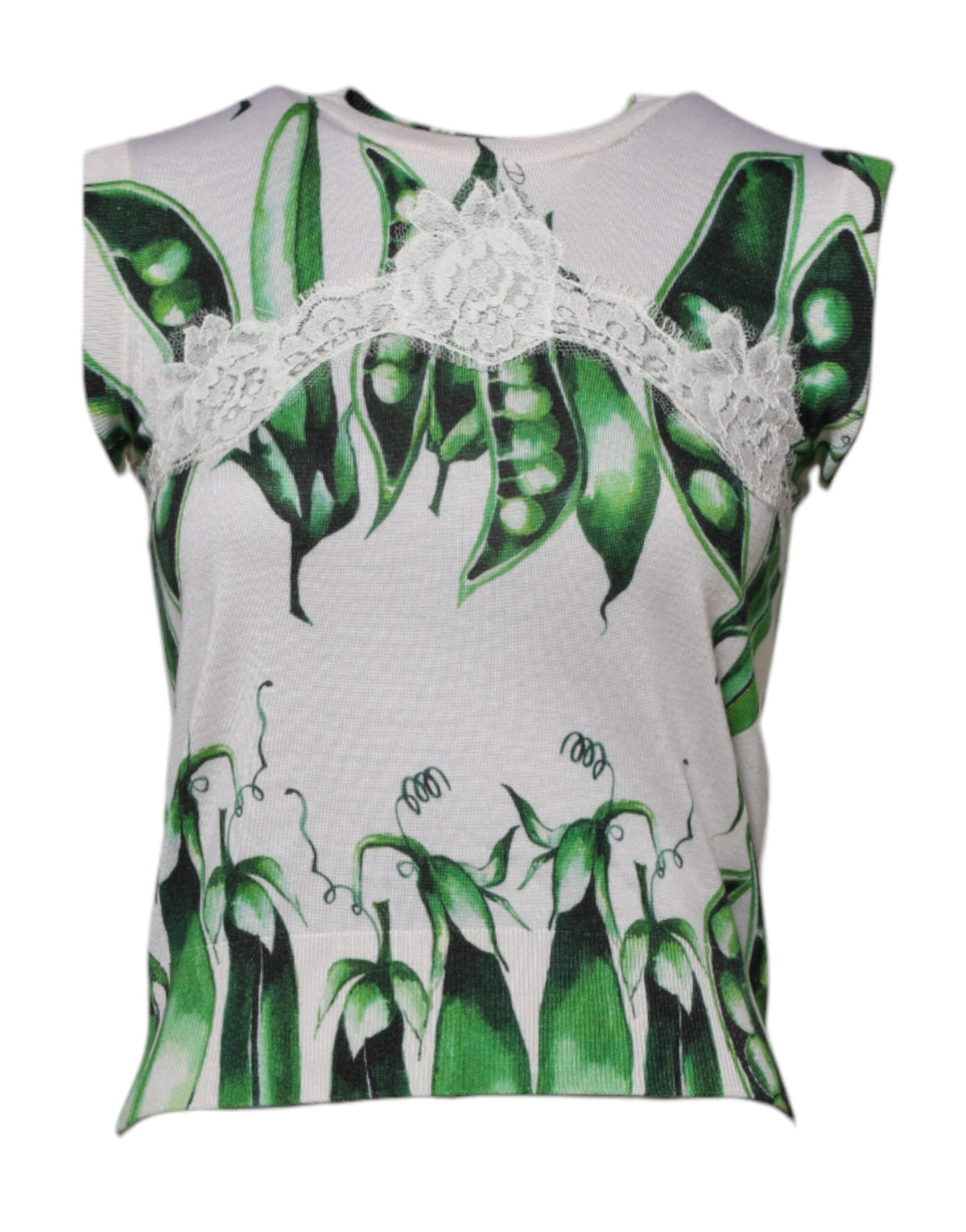 New Dolce & Gabbana White Green Pea Print Sleeveless Blouse Top