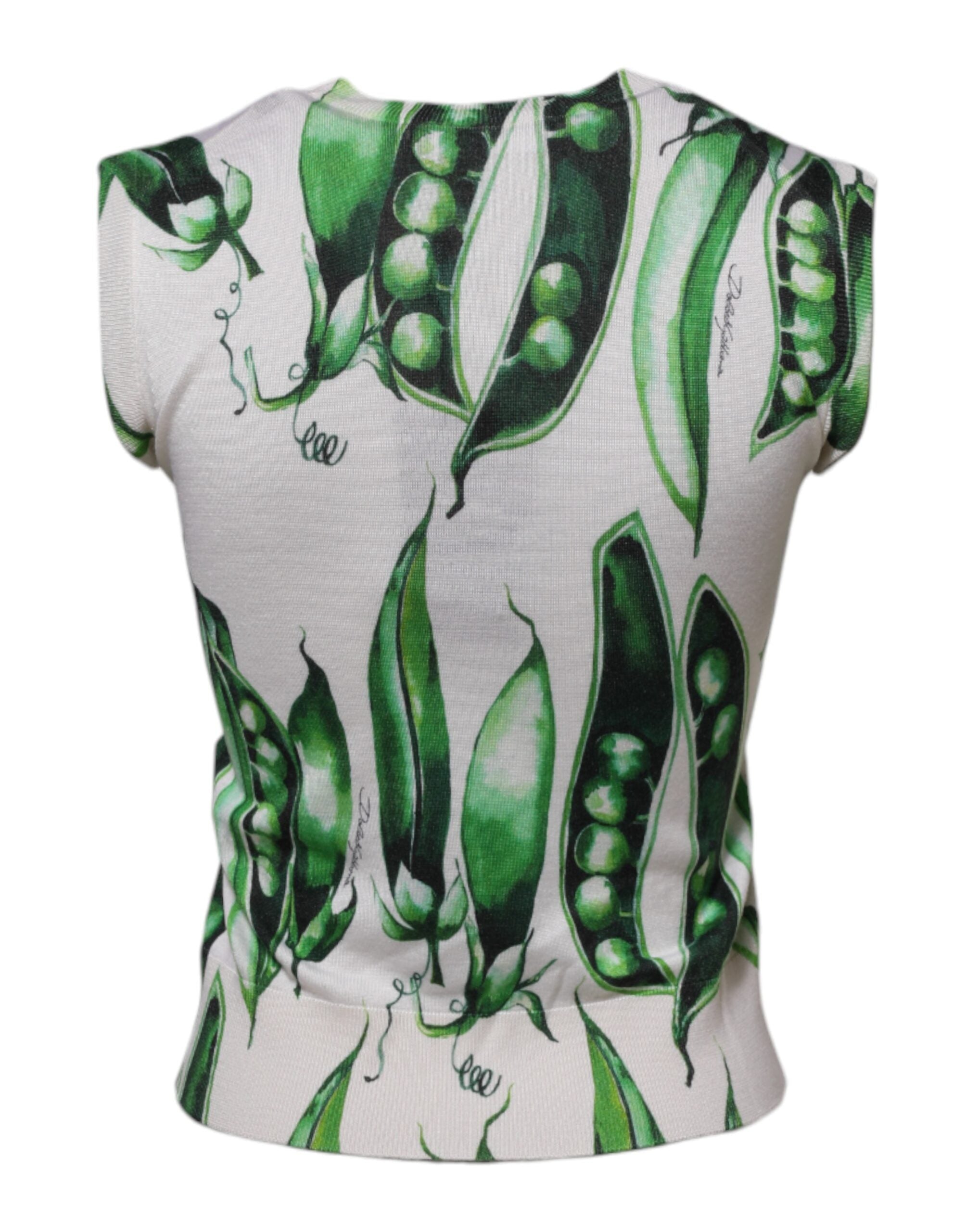 New Dolce & Gabbana White Green Pea Print Sleeveless Blouse Top