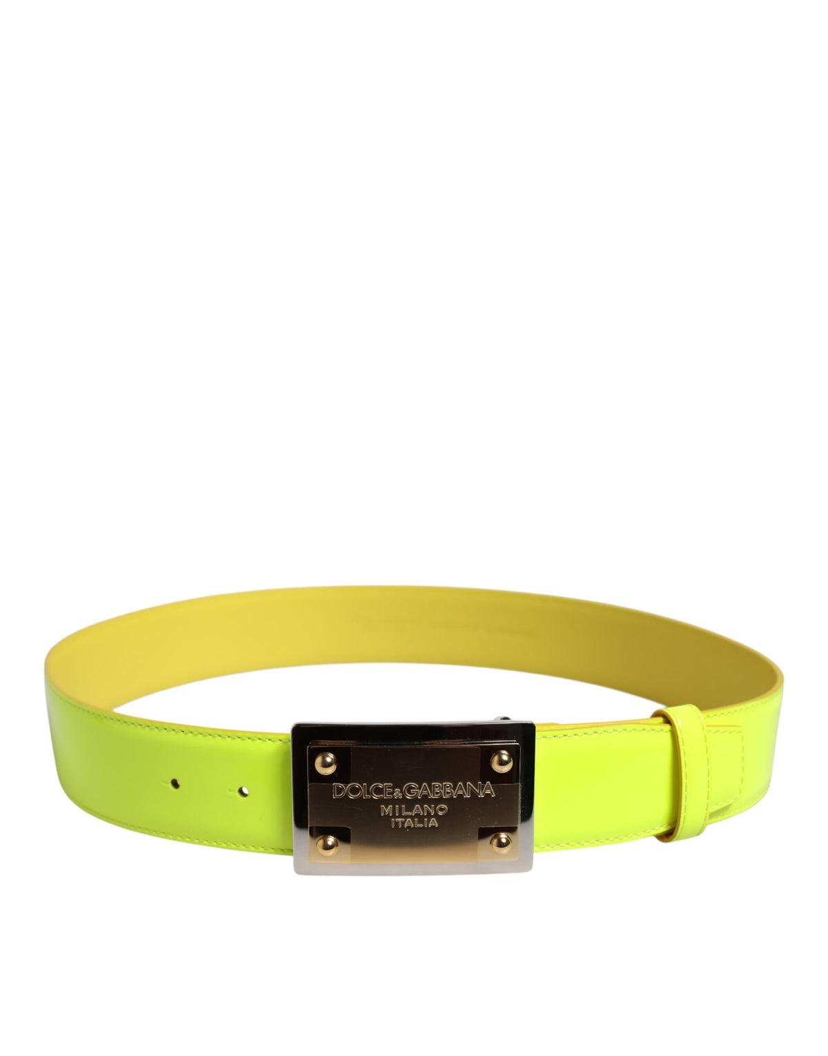 New Dolce & Gabbana Yellow Green Classic Metal Logo Buckle Belt