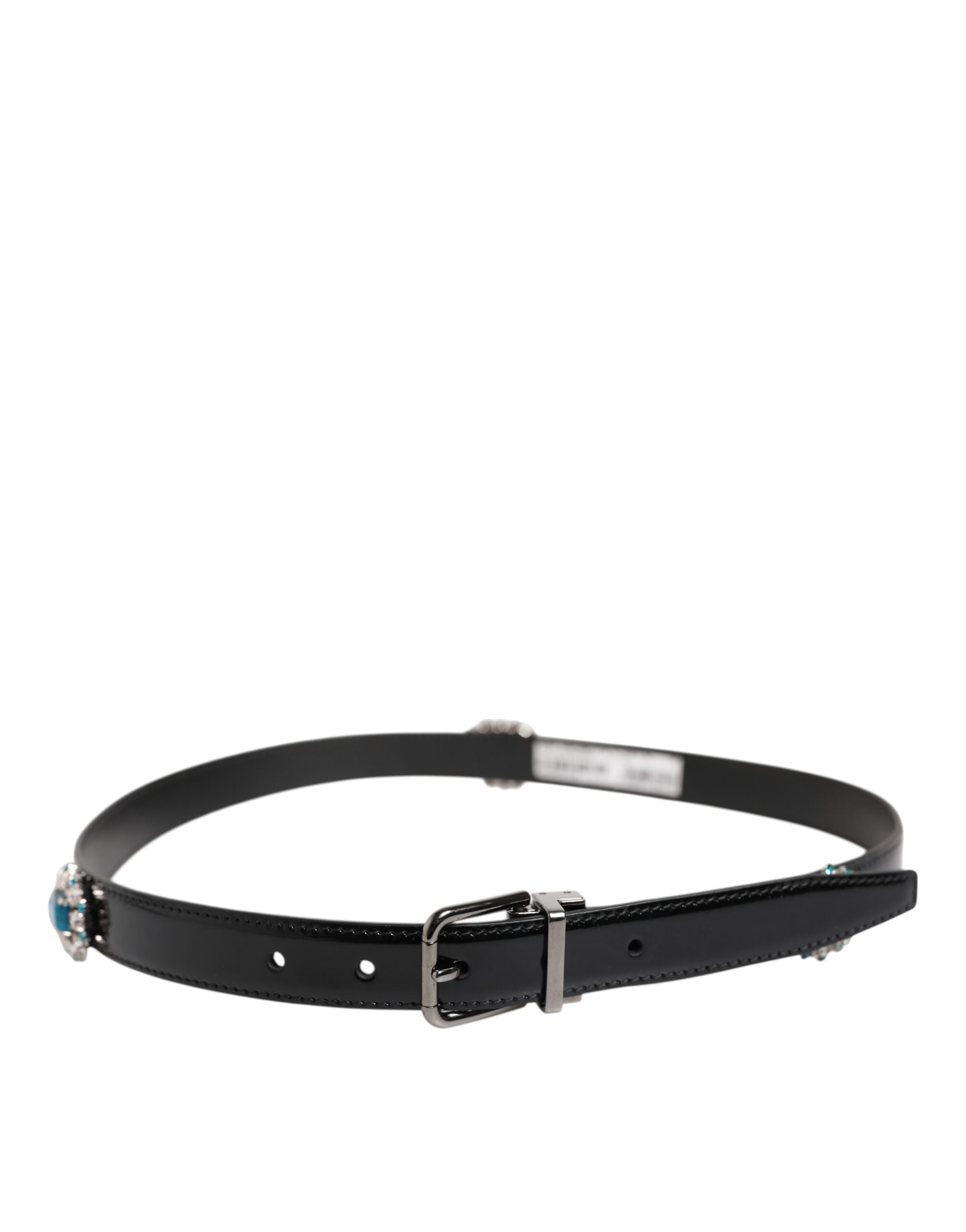 New Dolce & Gabbana Black Embellished Metal Logo Buckle Belt