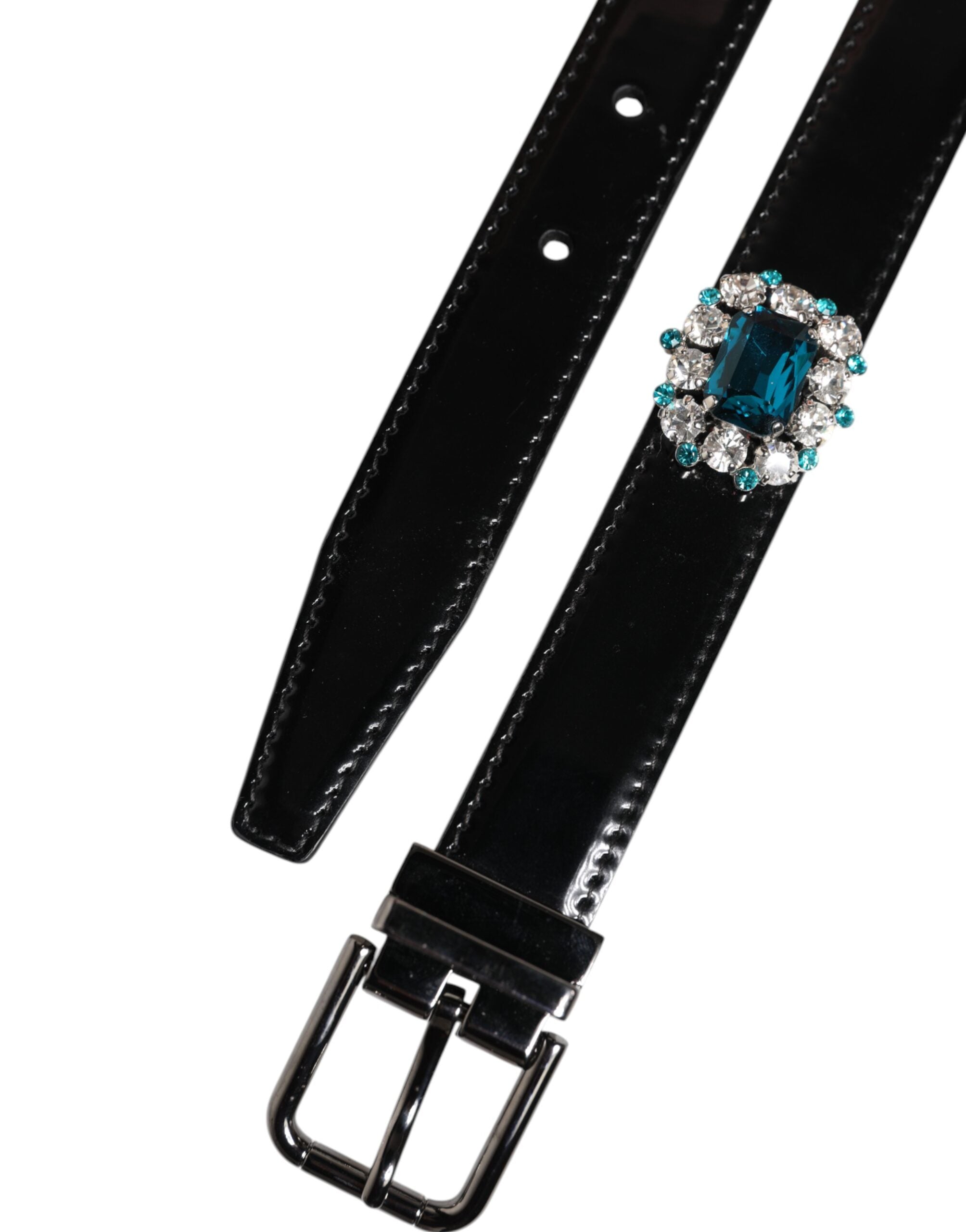 New Dolce & Gabbana Black Embellished Metal Logo Buckle Belt