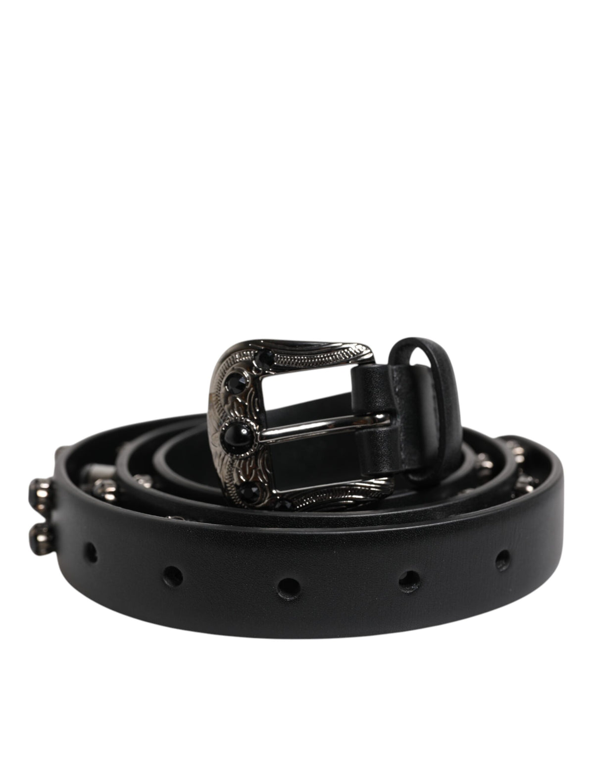 New Dolce & Gabbana Black Studded Leather Metal Logo Buckle Belt