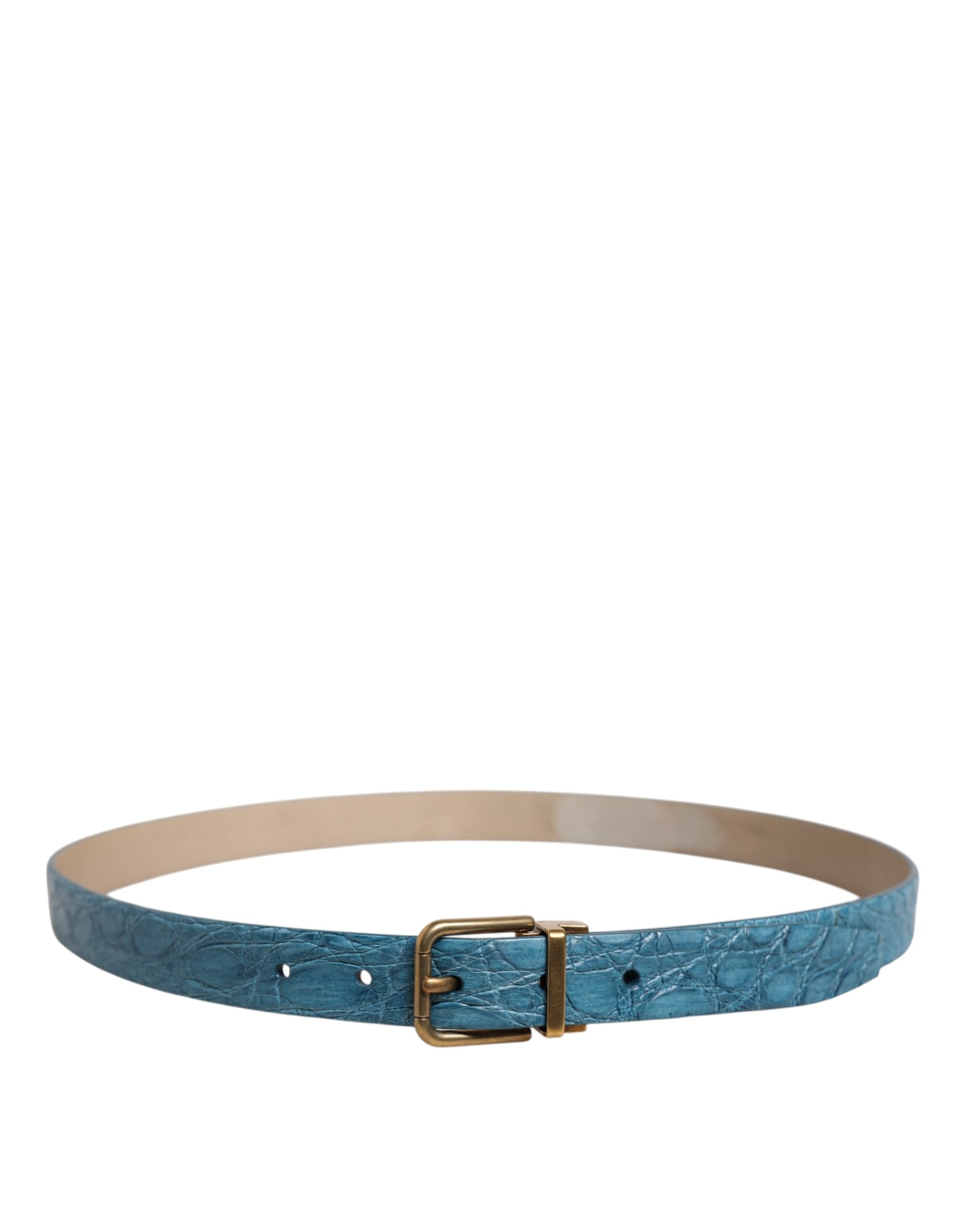 New Dolce & Gabbana Blue Leather Classic Gold Metal Buckle Belt