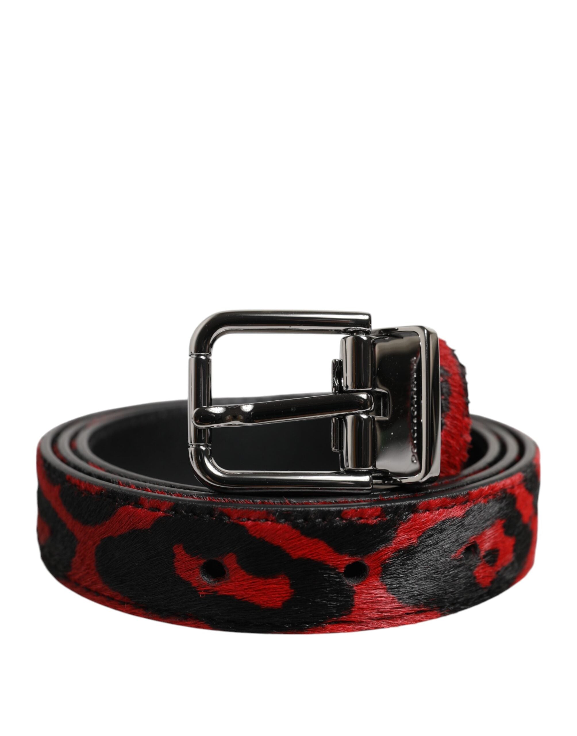 New Dolce & Gabbana Black Red Leopard Silver Metal Buckle Belt