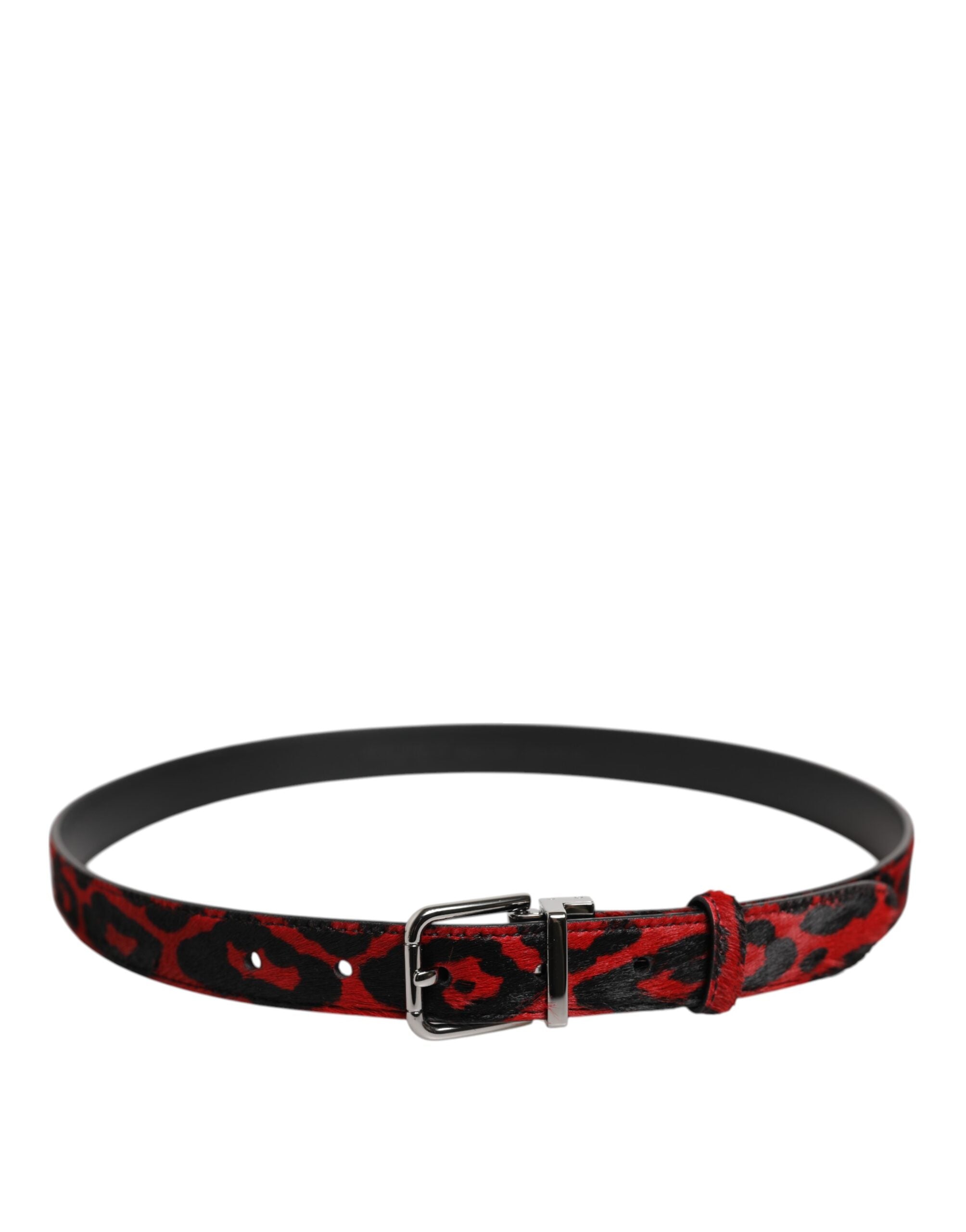 New Dolce & Gabbana Black Red Leopard Silver Metal Buckle Belt