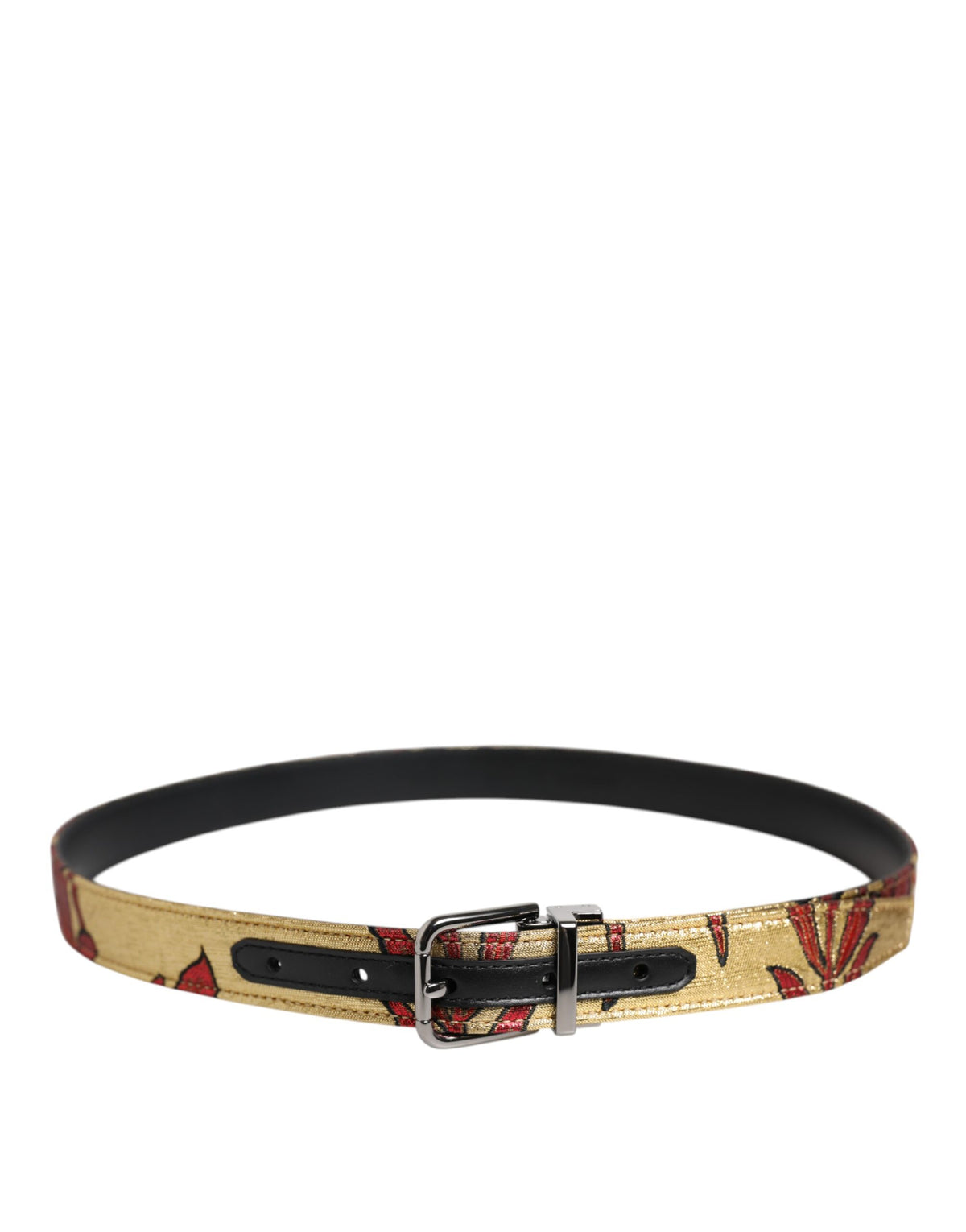 New Dolce & Gabbana Gold Floral Jacquard Silver Metal Buckle Belt