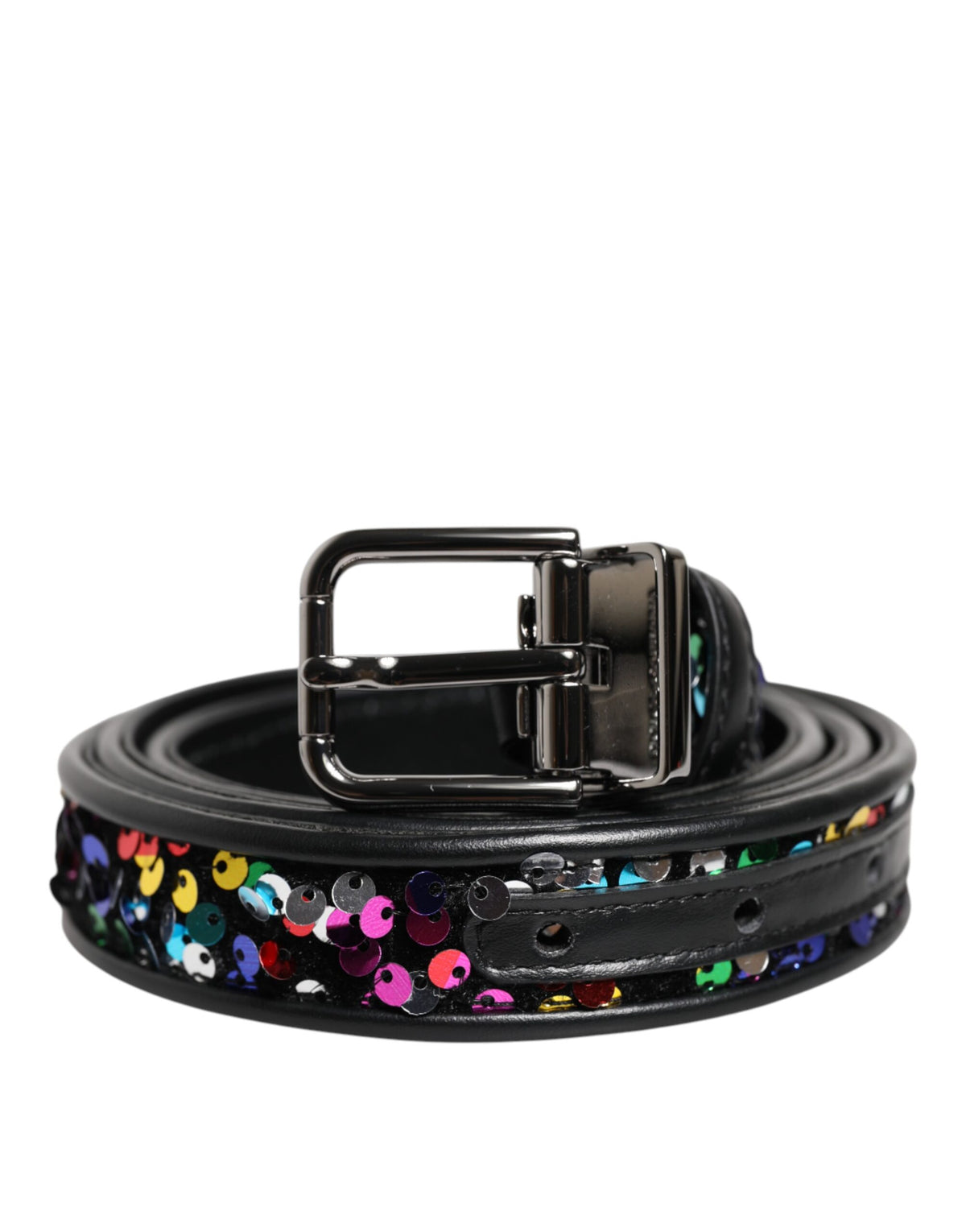 New Dolce & Gabbana Black Sequin Embellished Metal Buckle Belt