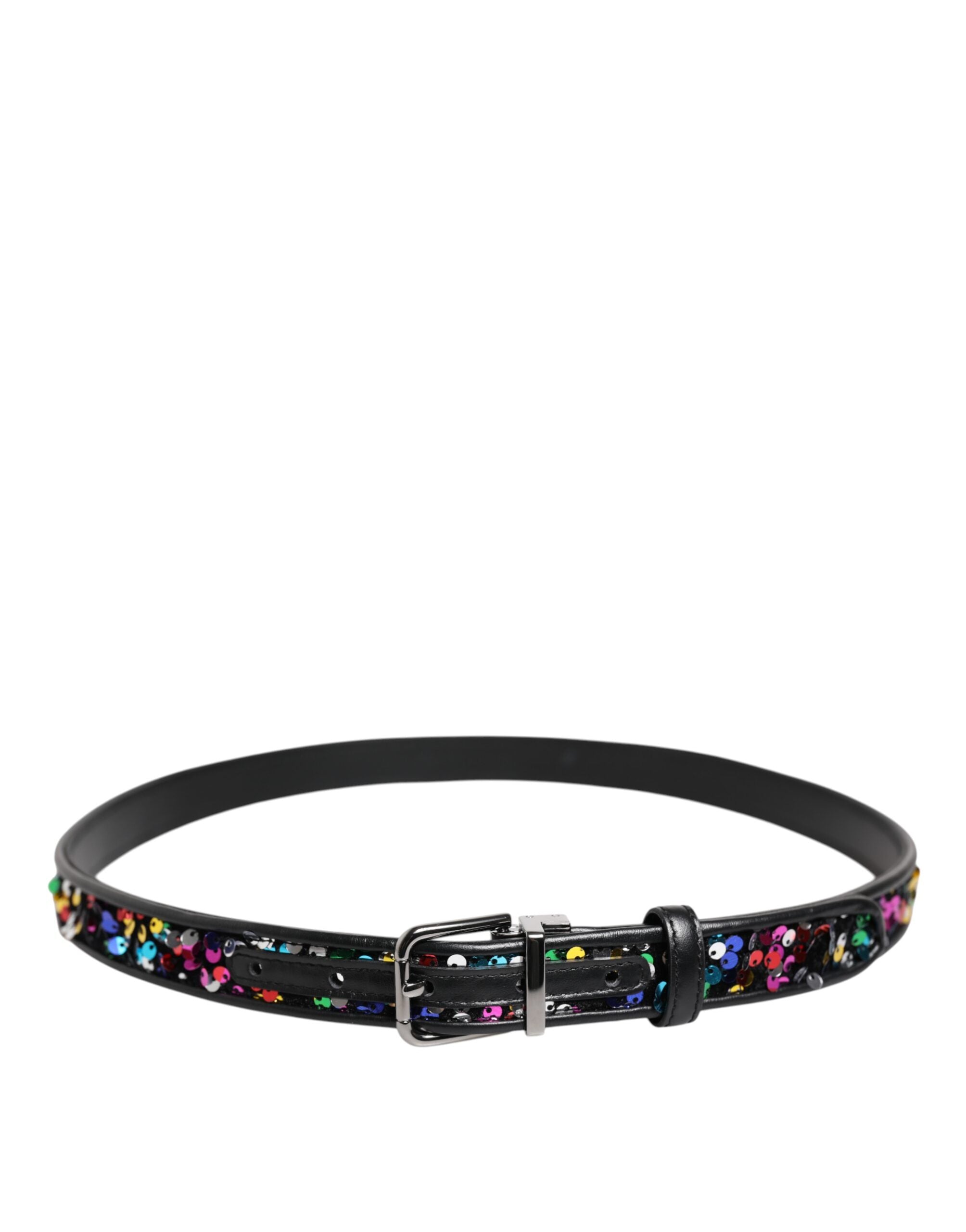 New Dolce & Gabbana Black Sequin Embellished Metal Buckle Belt