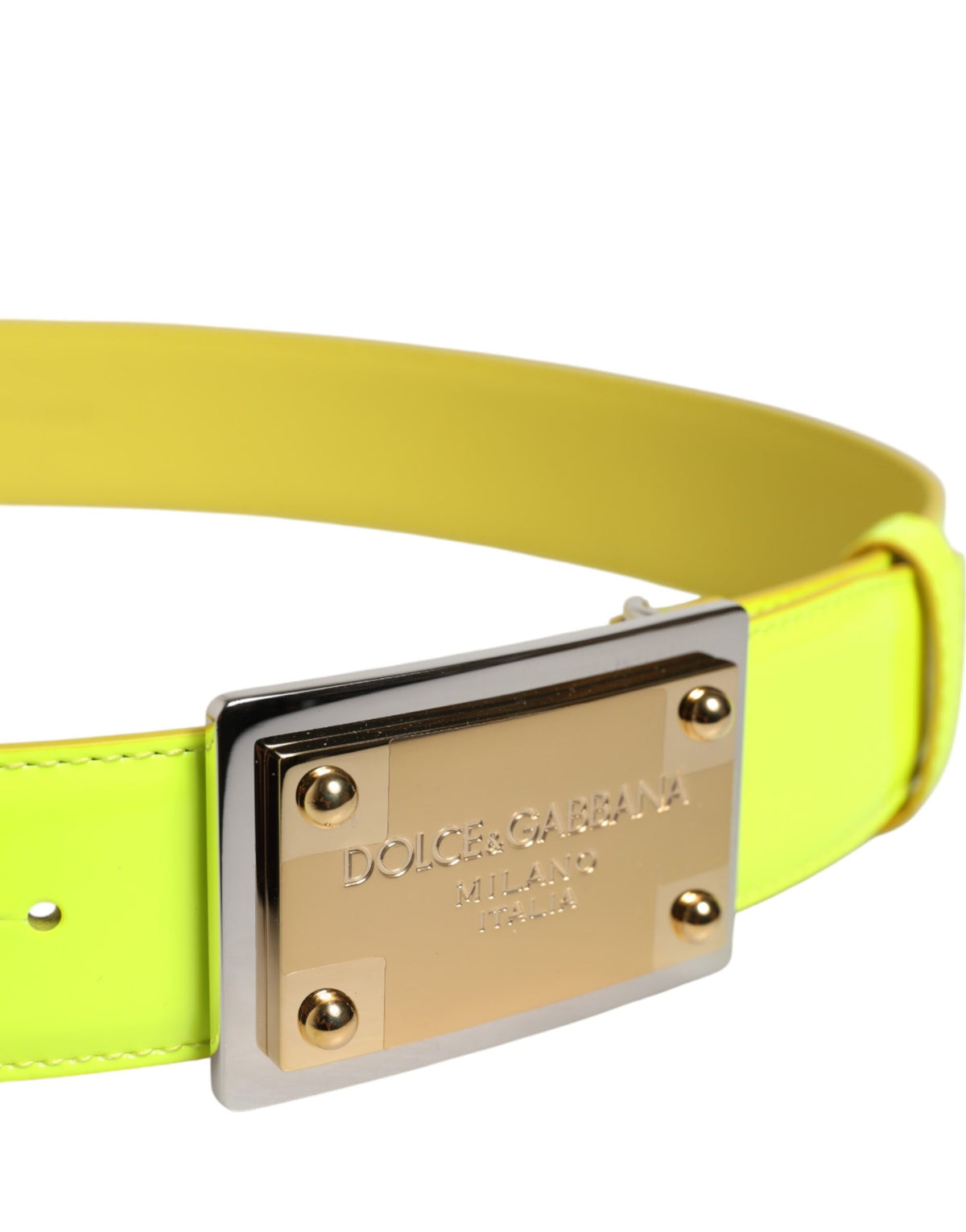New Dolce & Gabbana Yellow Green Classic Metal Logo Buckle Belt