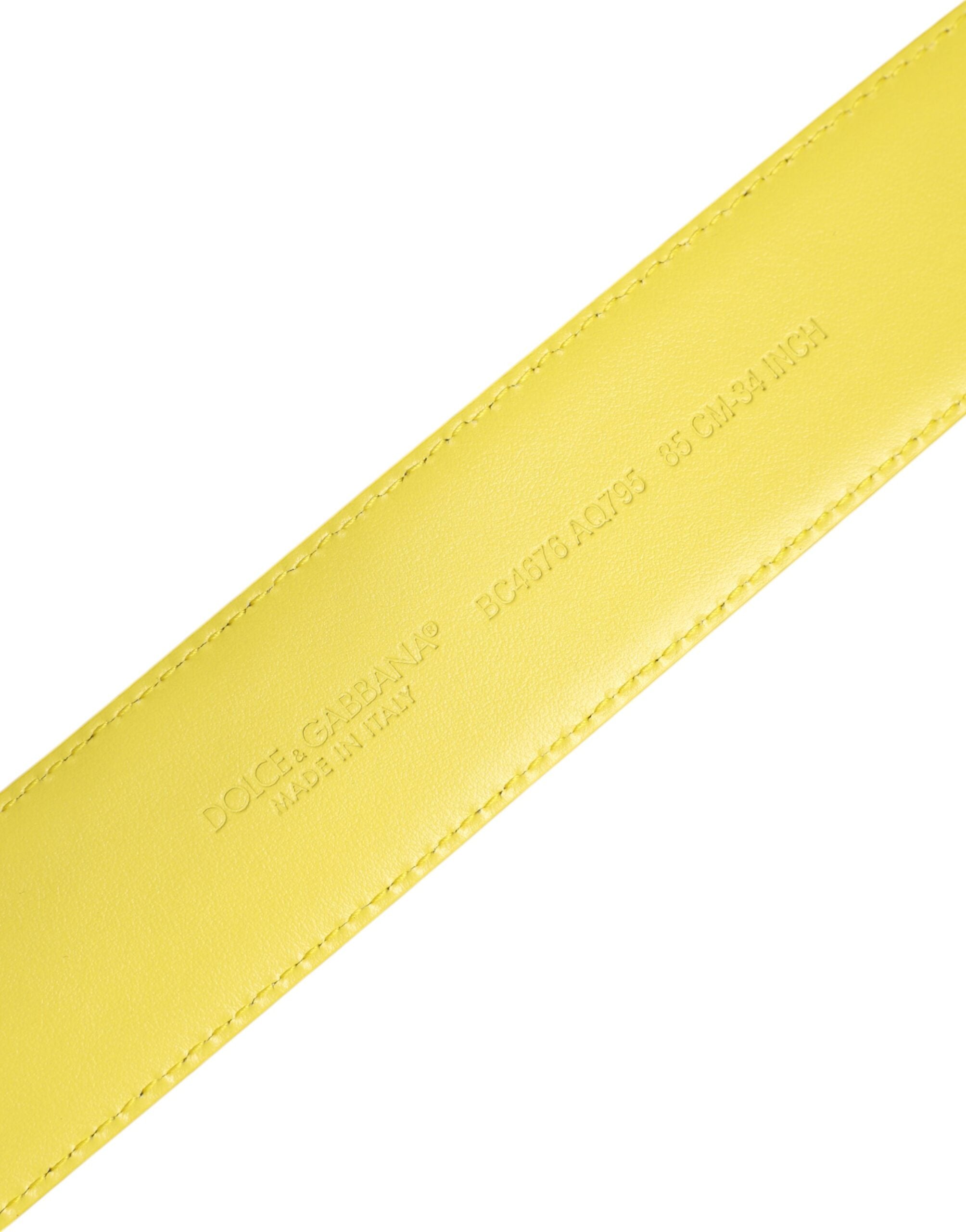 New Dolce & Gabbana Yellow Green Classic Metal Logo Buckle Belt
