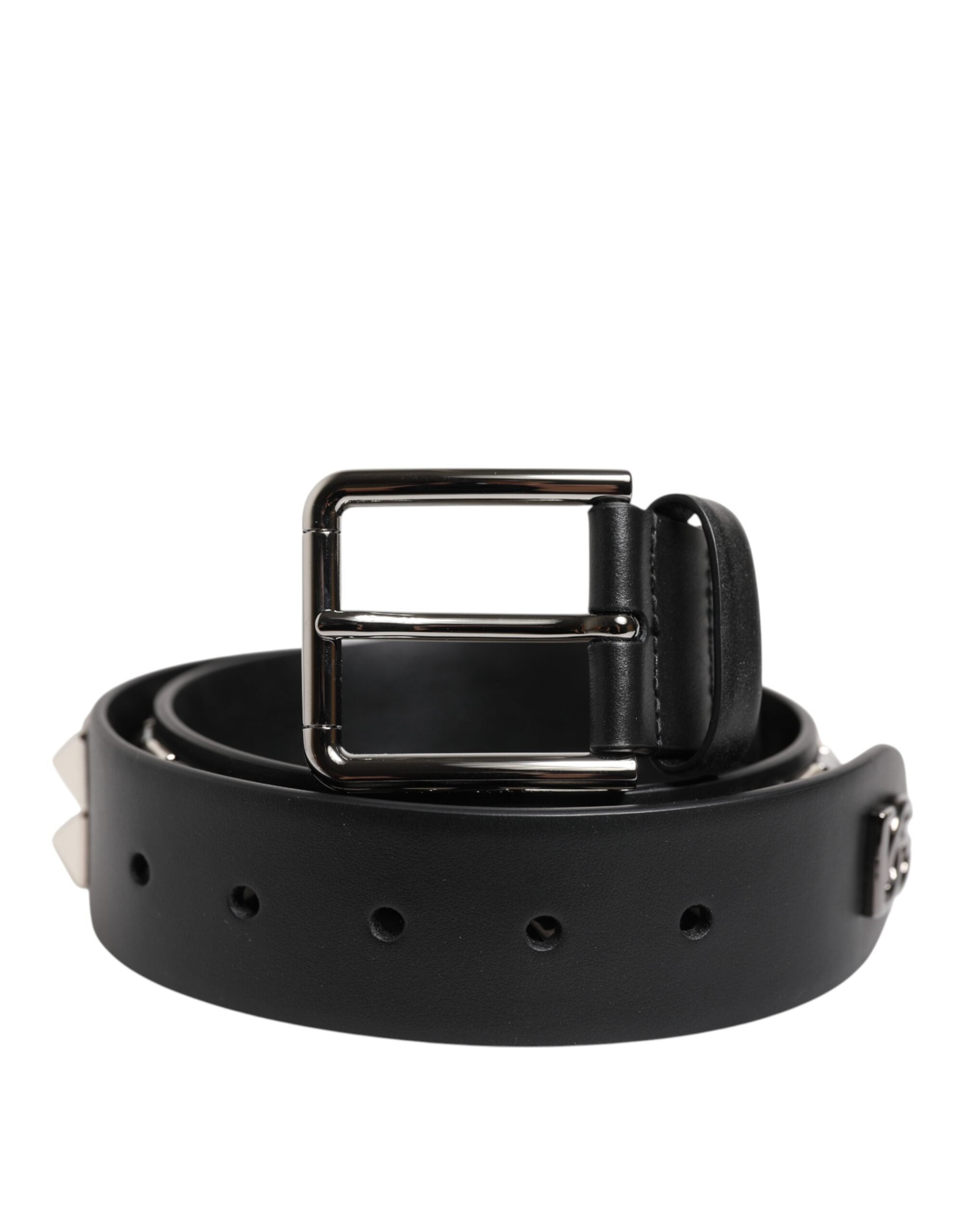 Dolce & Gabbana Black Leather Studded DG Metal Buckle Belt