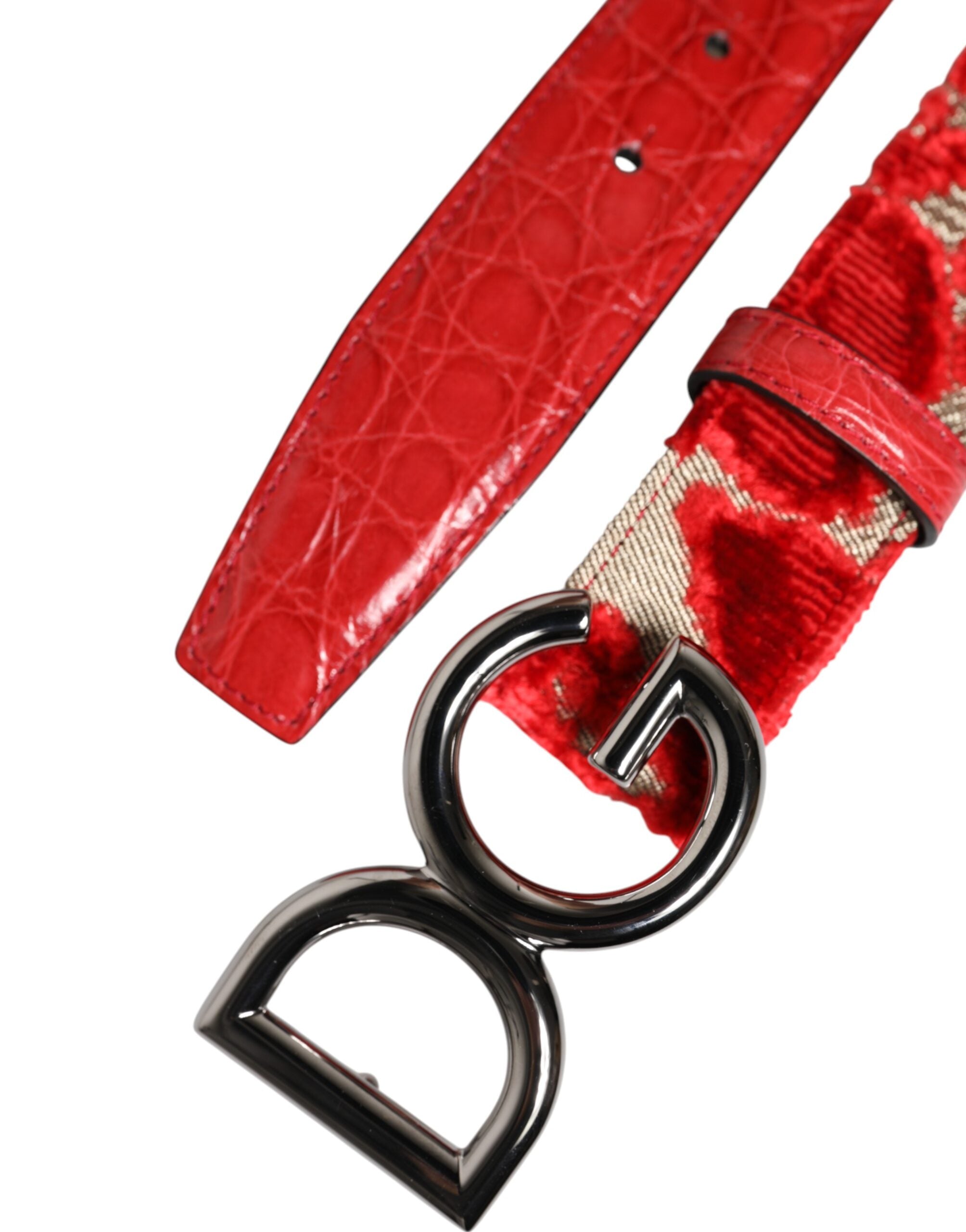New Dolce & Gabbana Red Silver DG Logo Metal Buckle Belt