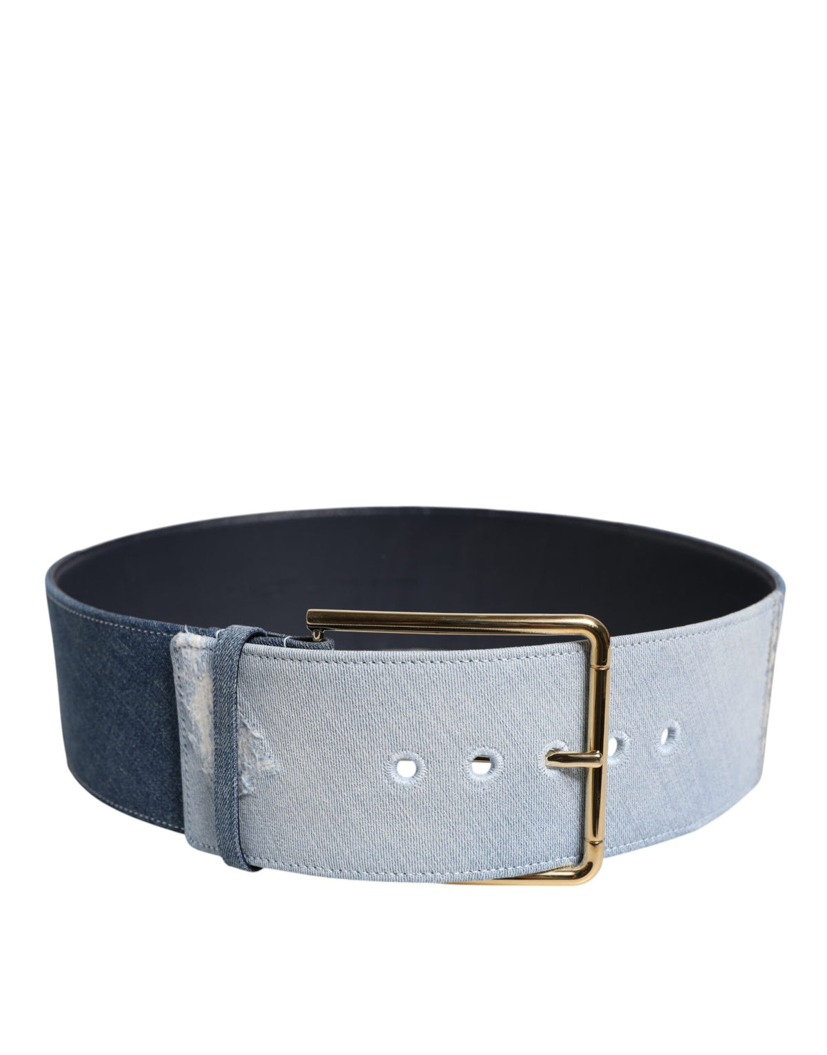 New Dolce & Gabbana Two Tone Blue Denim Gold Metal Buckle Belt