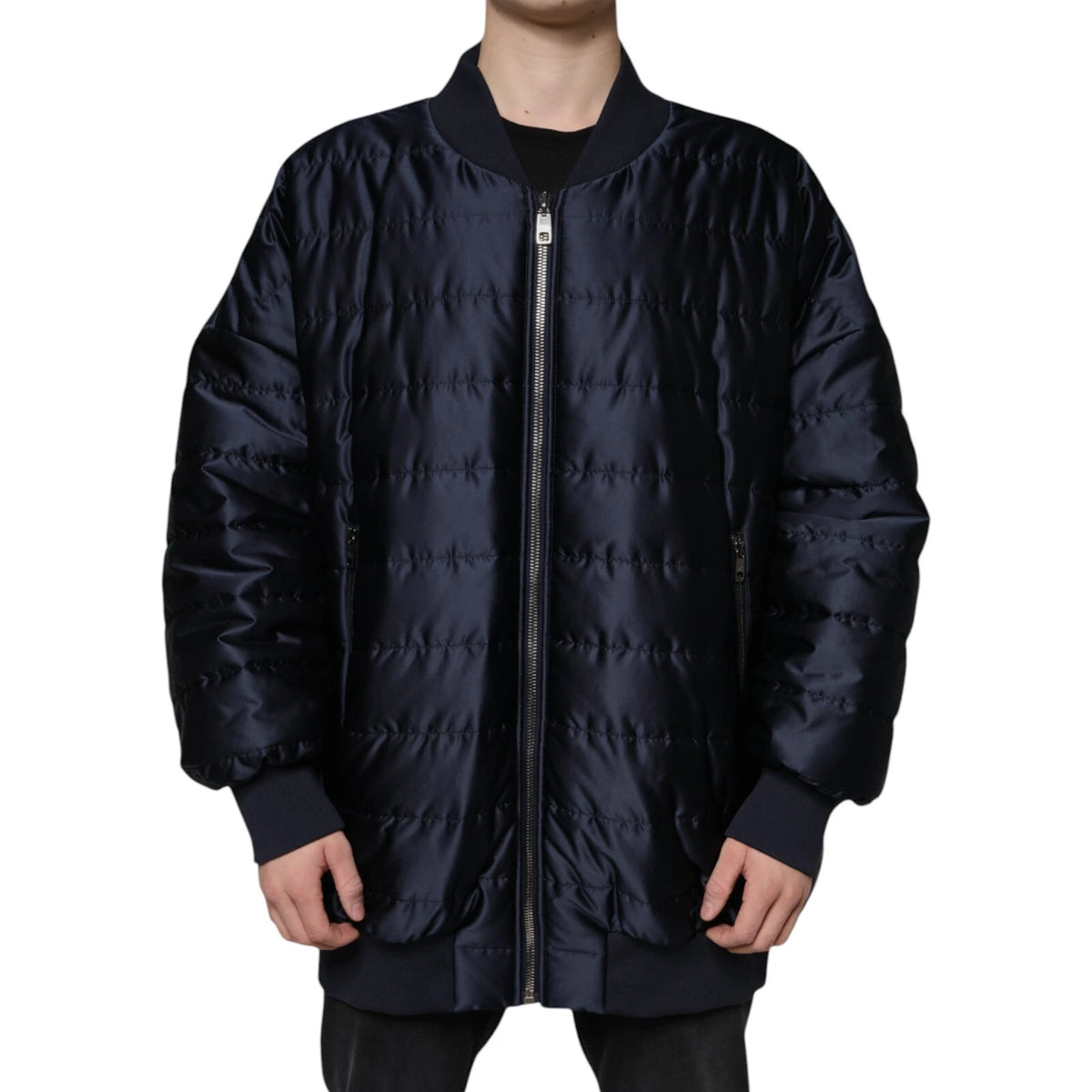 New Dolce & Gabbana Dark Blue Quilted Full Zip Bomber Jacket