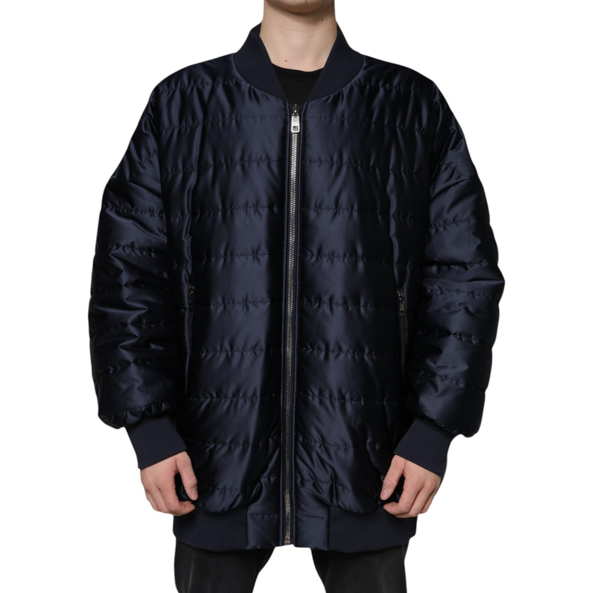 New Dolce & Gabbana Dark Blue Quilted Full Zip Bomber Jacket