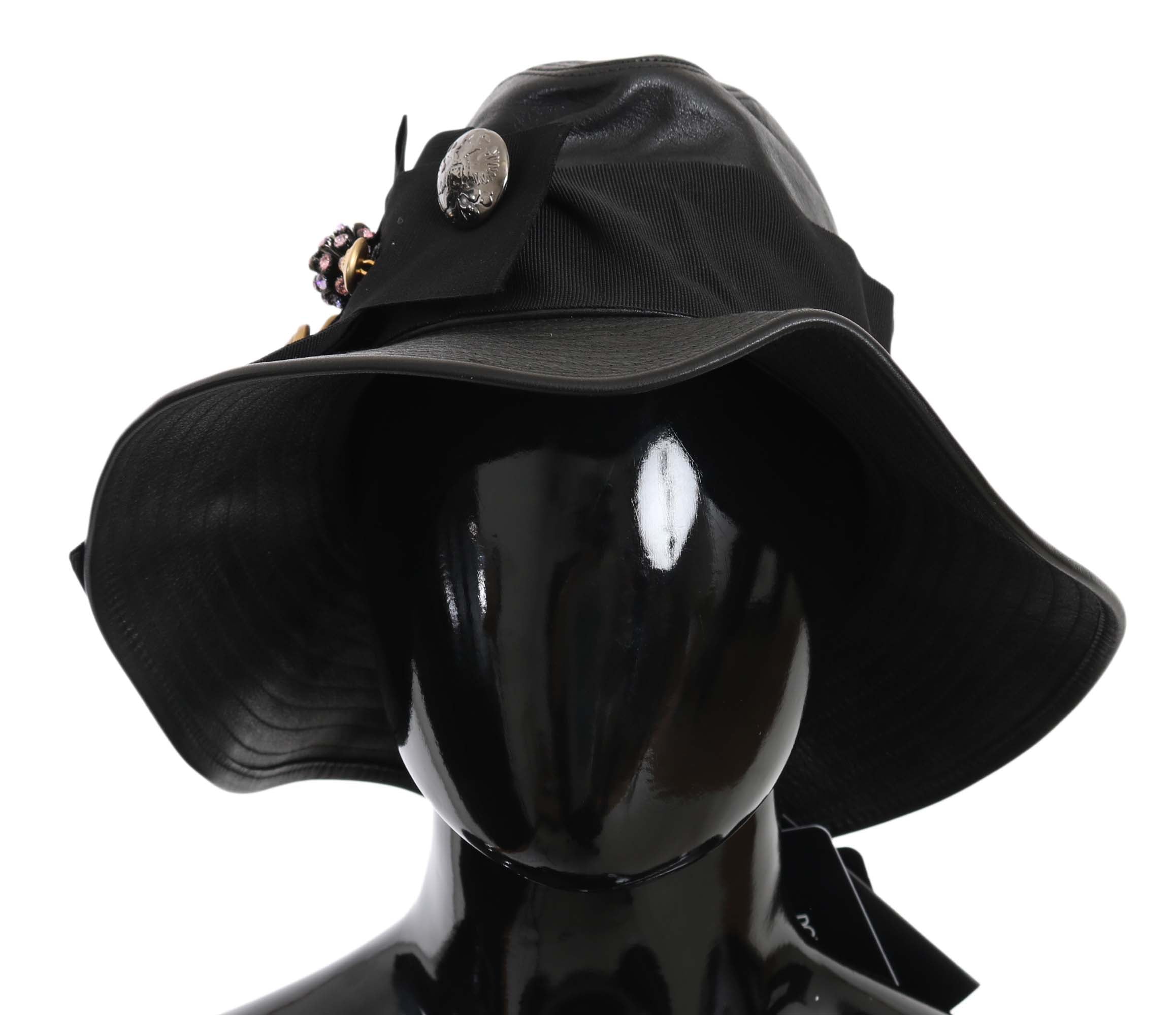 Dolce & Gabbana Black Leather DG Coin Crystal Wide Brim Hat - PreLoved & Luxe