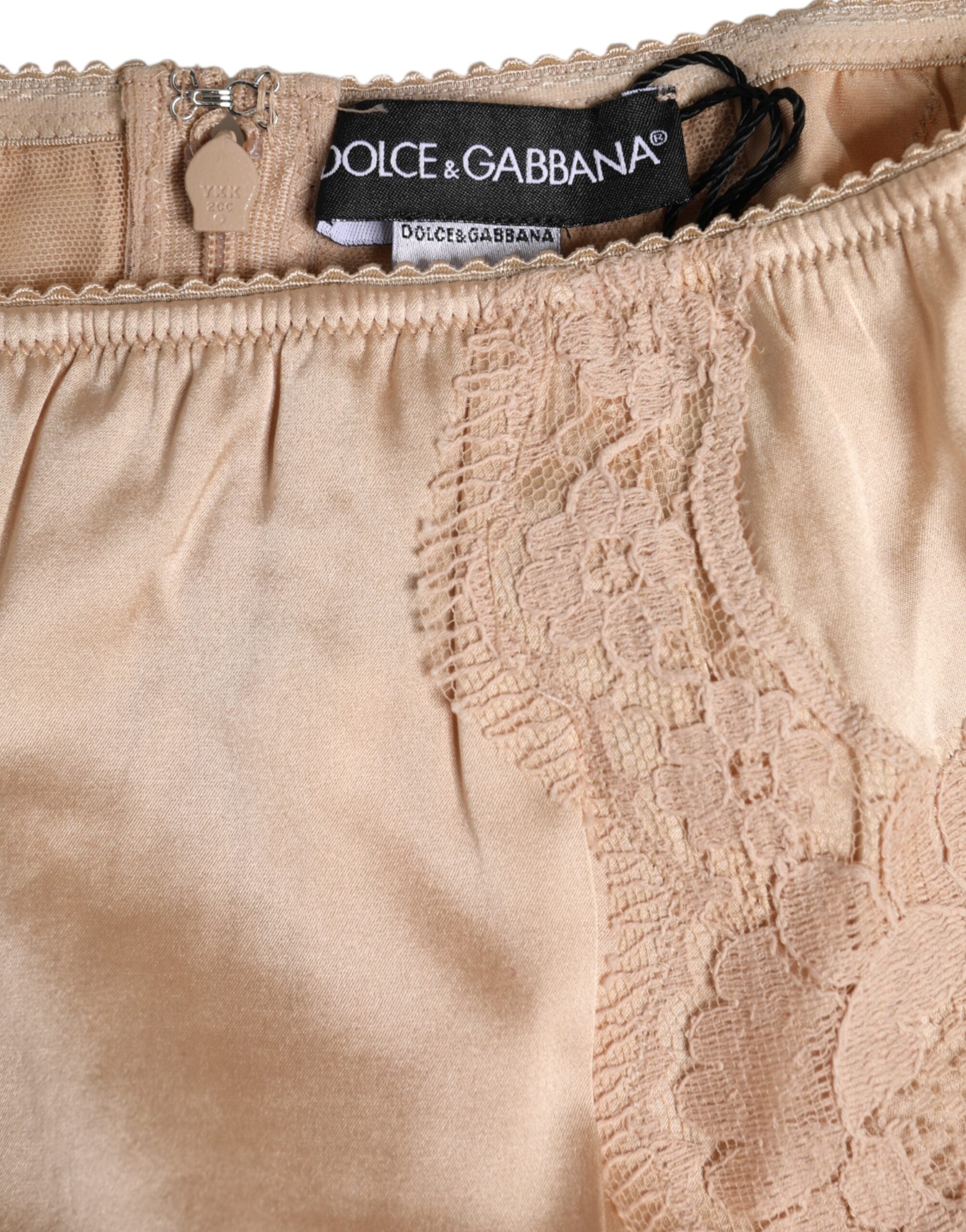 New Dolce & Gabbana Beige Silk Lace High Waist Bikini Panty Underwear