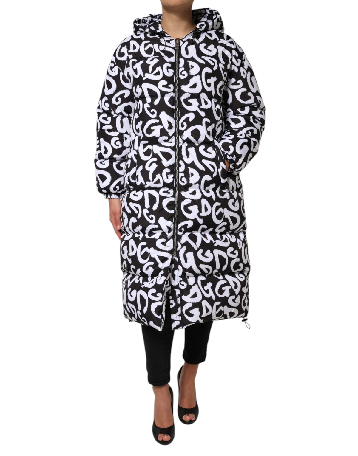 New Dolce & Gabbana Black White DG Mania Hooded Long Coat Jacket