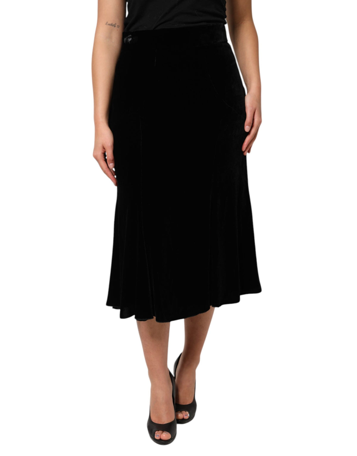 New Dolce & Gabbana Black High Waist Fit Flared Midi Skirt