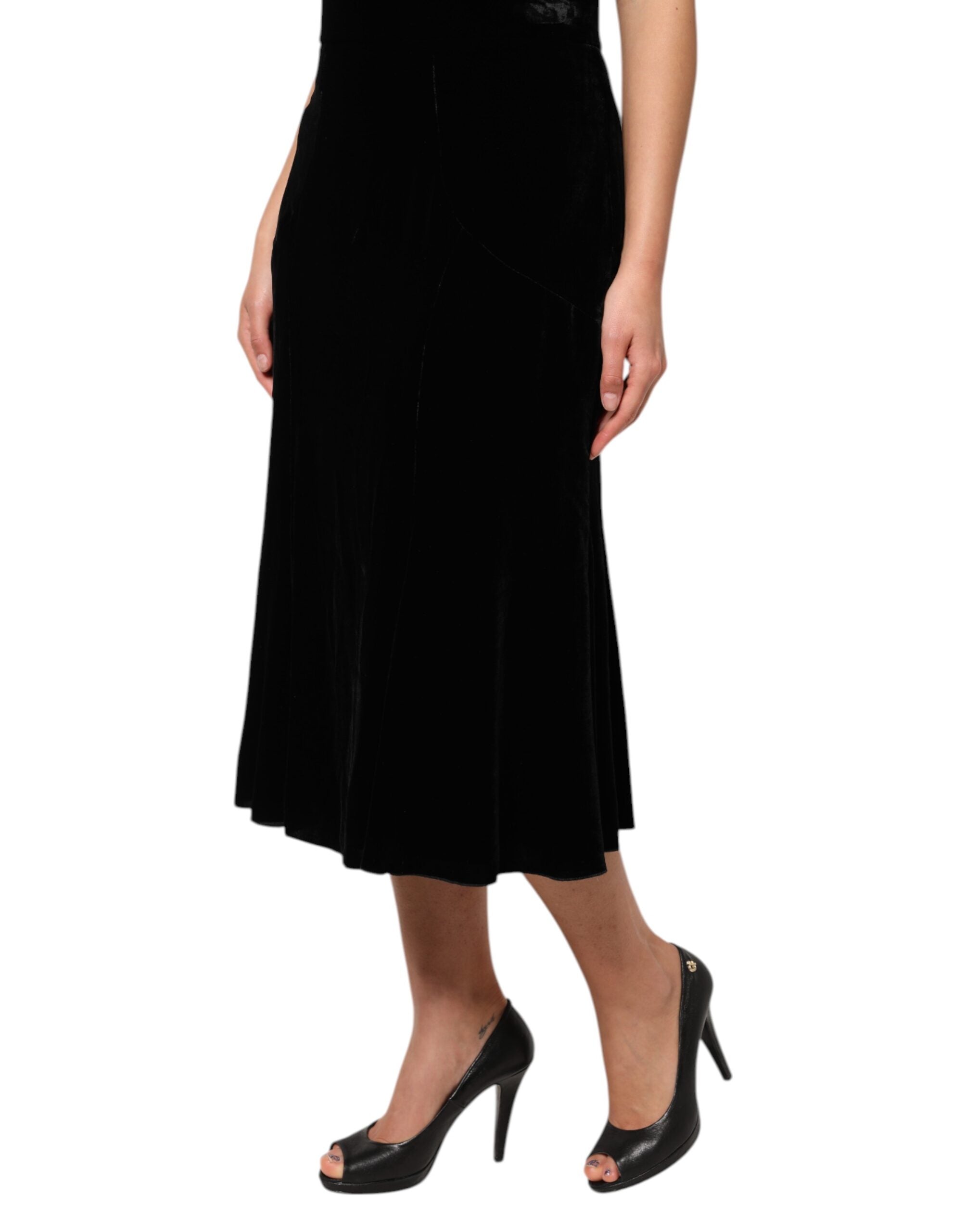 New Dolce & Gabbana Black High Waist Fit Flared Midi Skirt