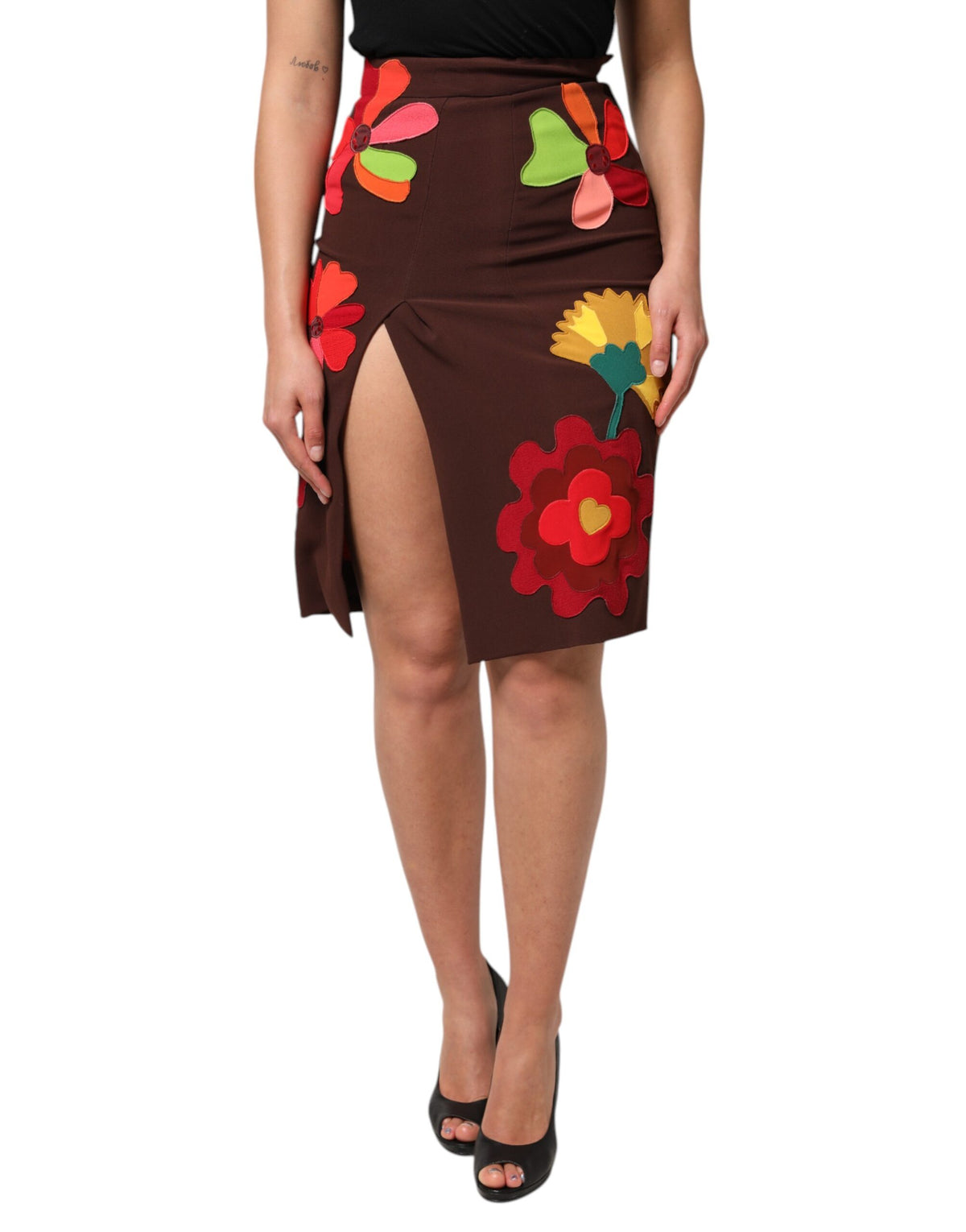New Dolce & Gabbana Brown Floral High Waist Side Slit Skirt