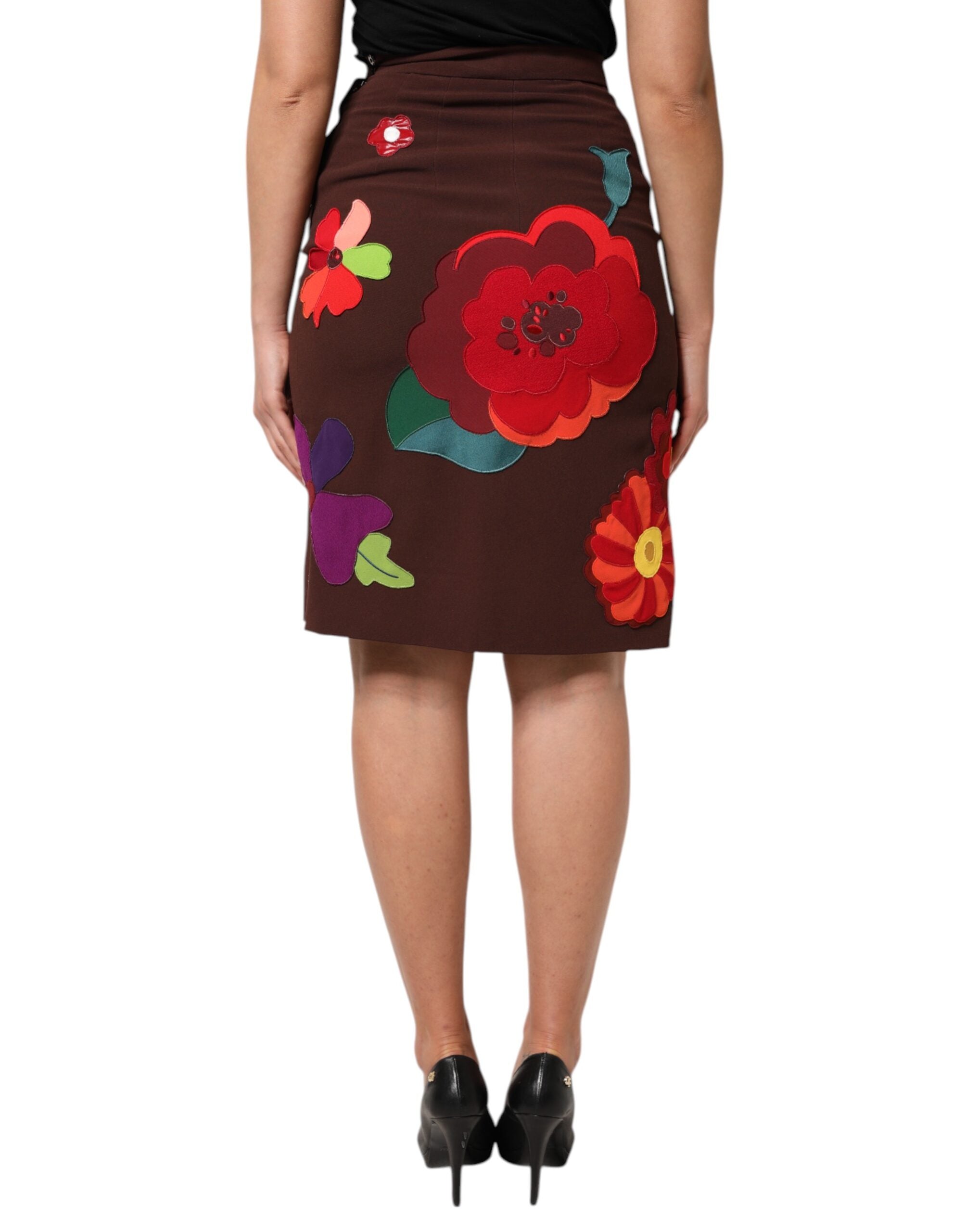 New Dolce & Gabbana Brown Floral High Waist Side Slit Skirt