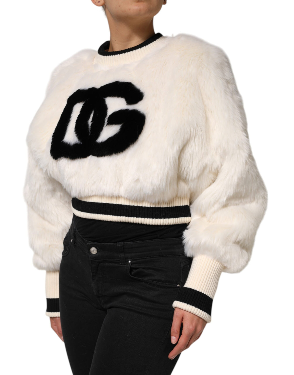 New Dolce & Gabbana White Cropped Faux Fur DG Sweatshirt Sweater