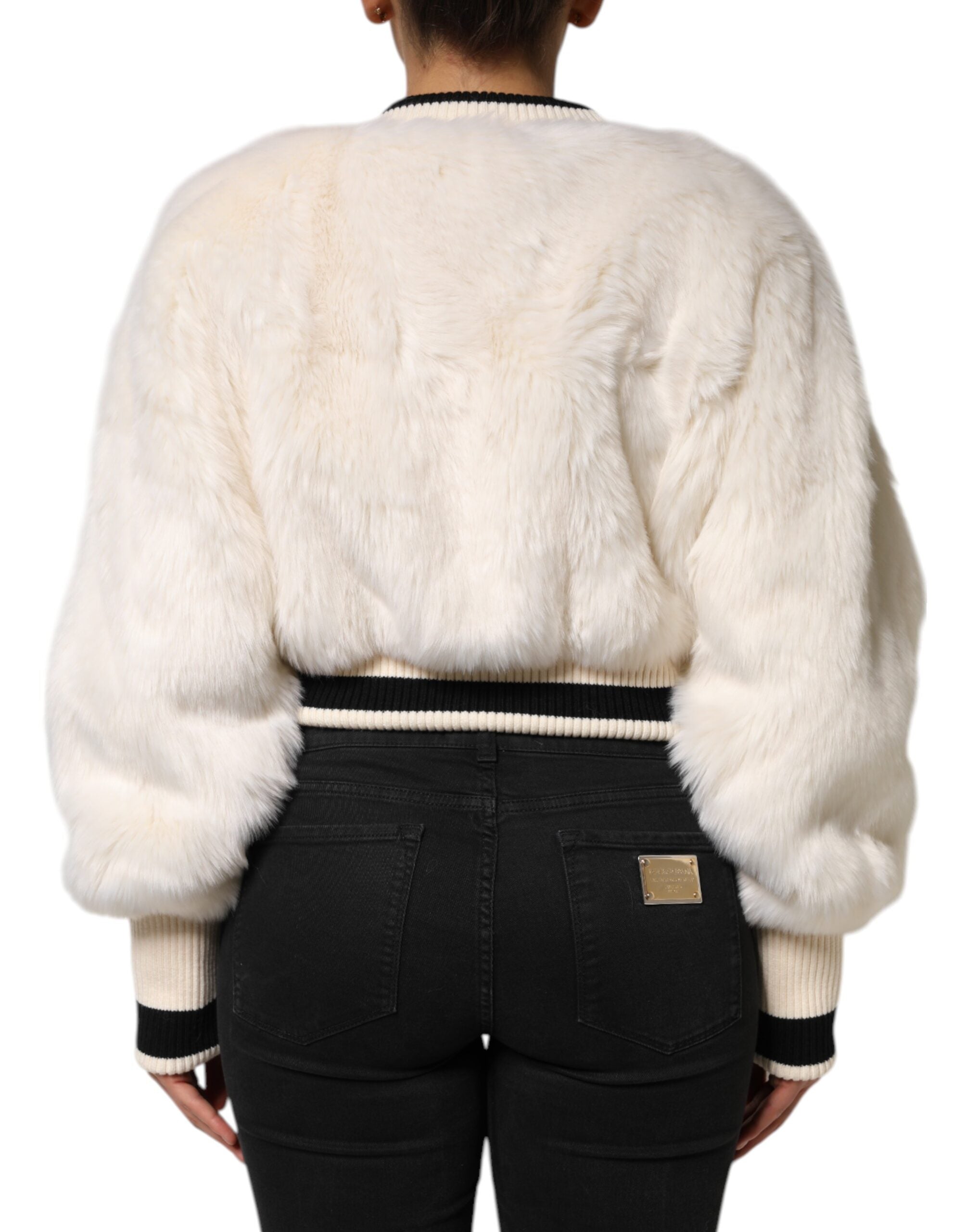New Dolce & Gabbana White Cropped Faux Fur DG Sweatshirt Sweater