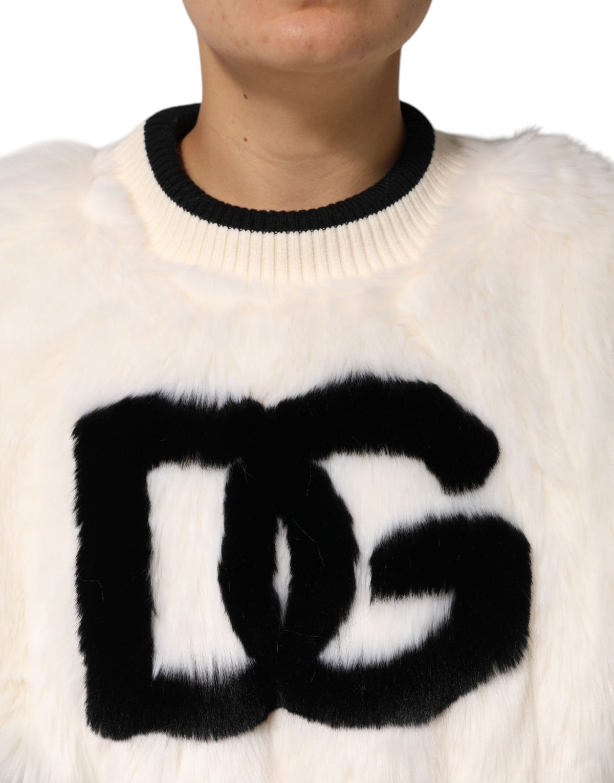 New Dolce & Gabbana White Cropped Faux Fur DG Sweatshirt Sweater