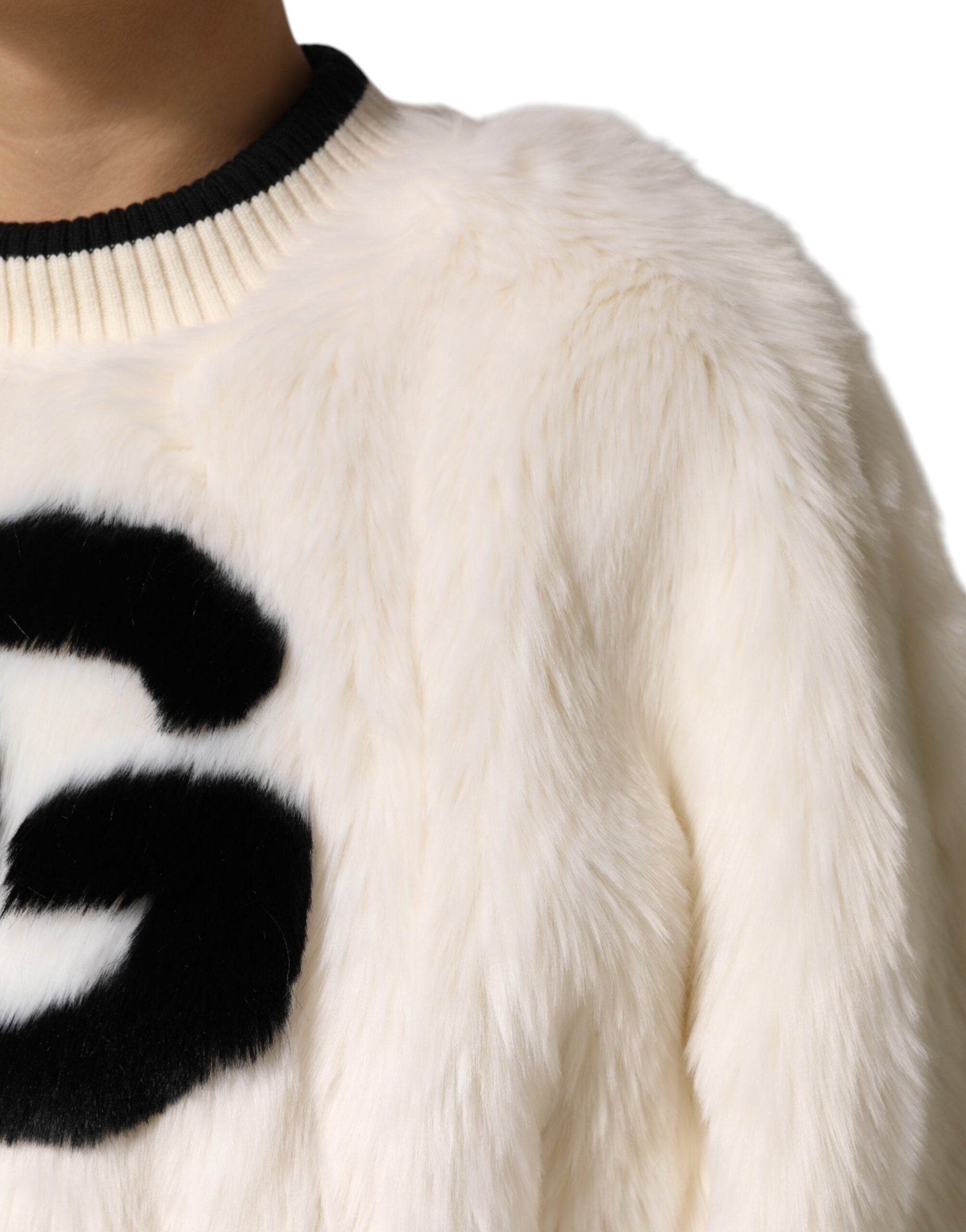 New Dolce & Gabbana White Cropped Faux Fur DG Sweatshirt Sweater
