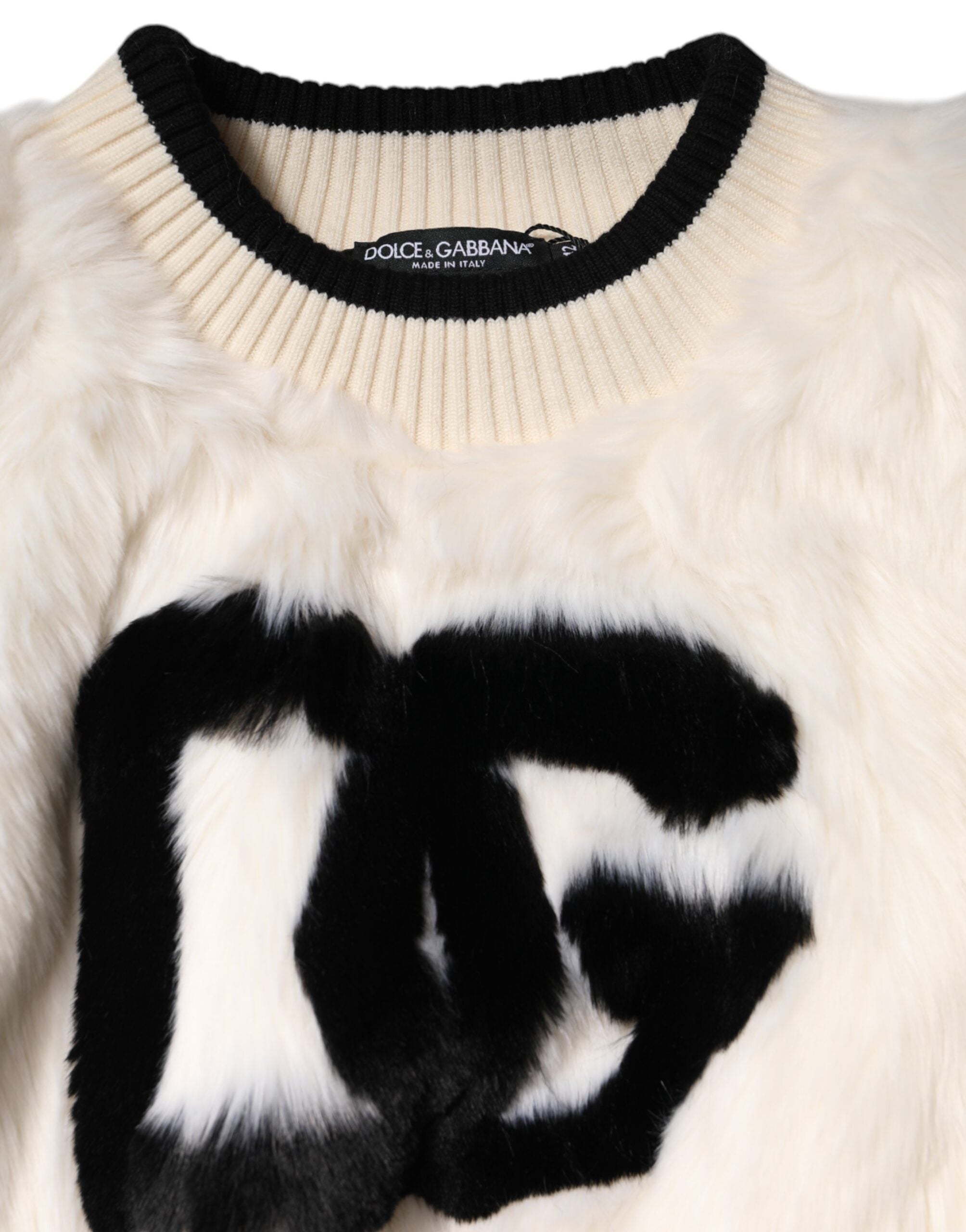 New Dolce & Gabbana White Cropped Faux Fur DG Sweatshirt Sweater