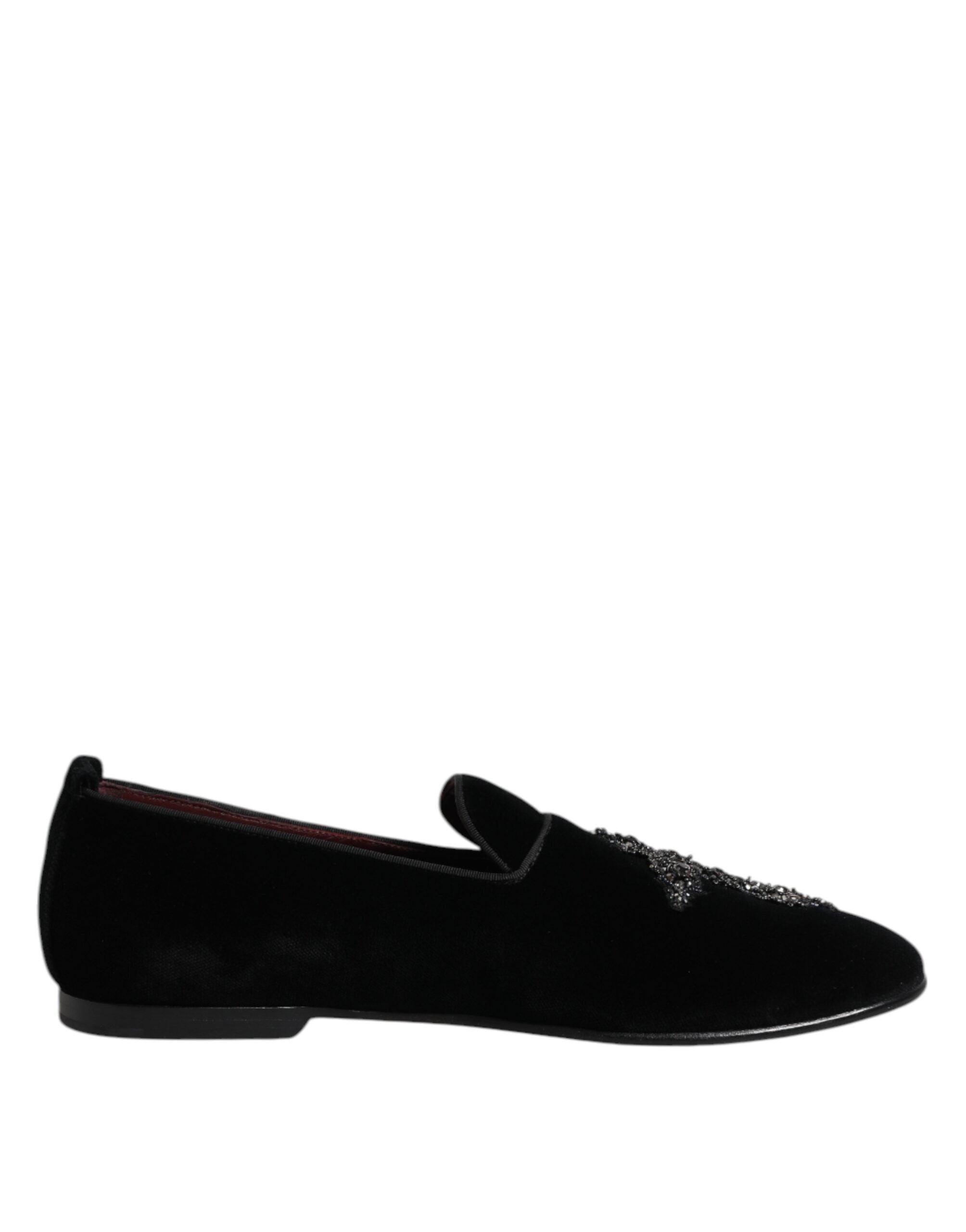 Dolce & Gabbana Black Velvet Embellished Loafer Slip On Shoes