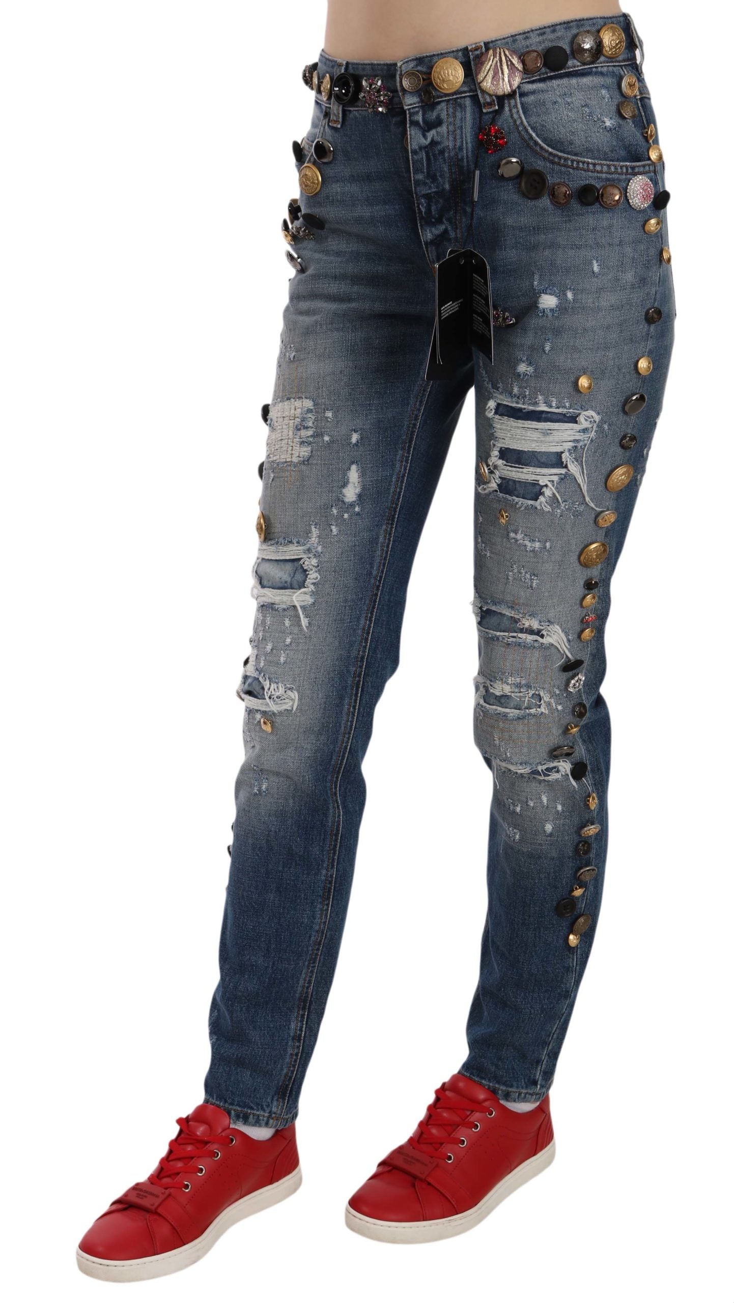 New Dolce & Gabbana Distressed Embellished Buttons Denim Pants Jeans