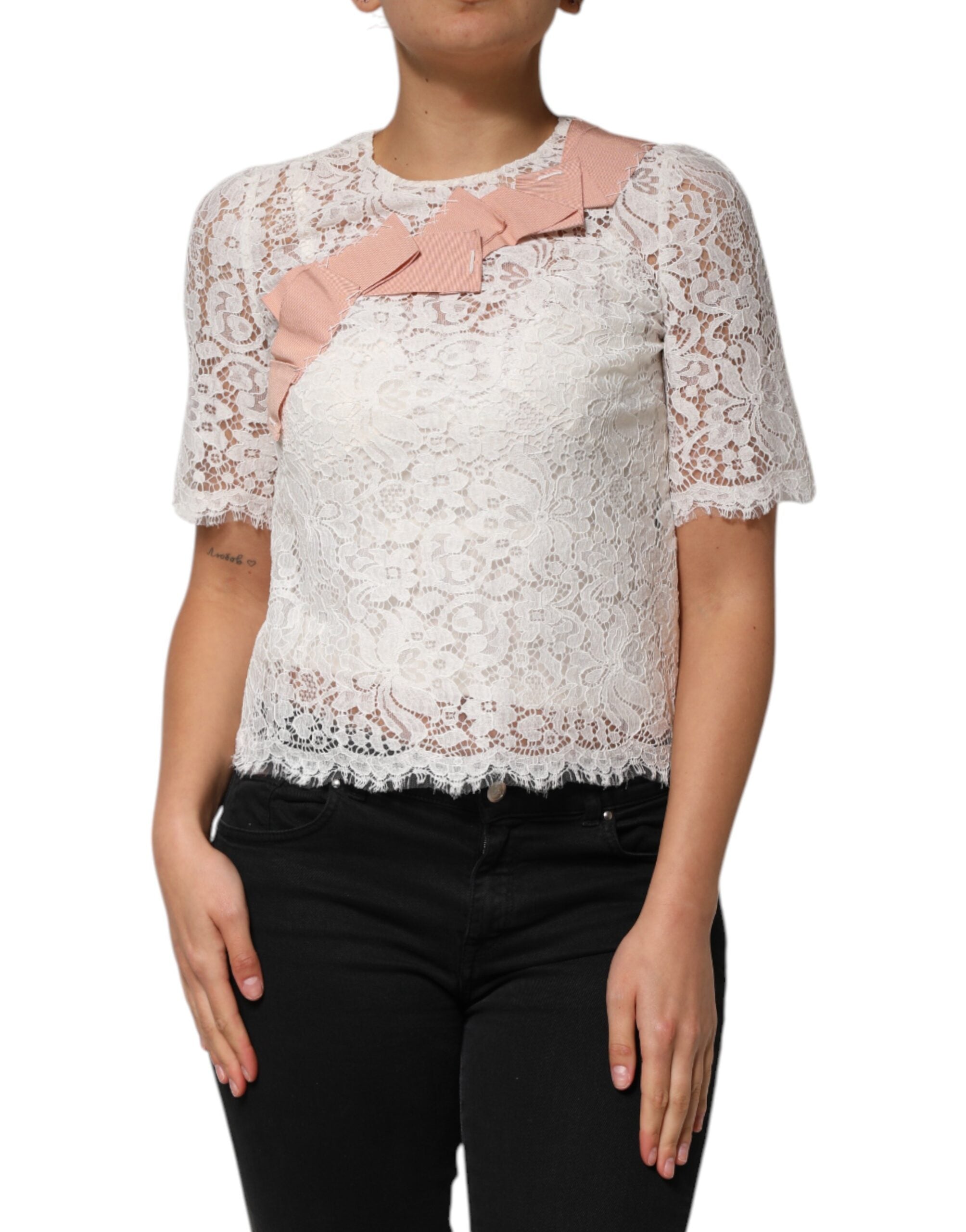 New Dolce & Gabbana White Floral Lace Short Sleeves Blouse Top
