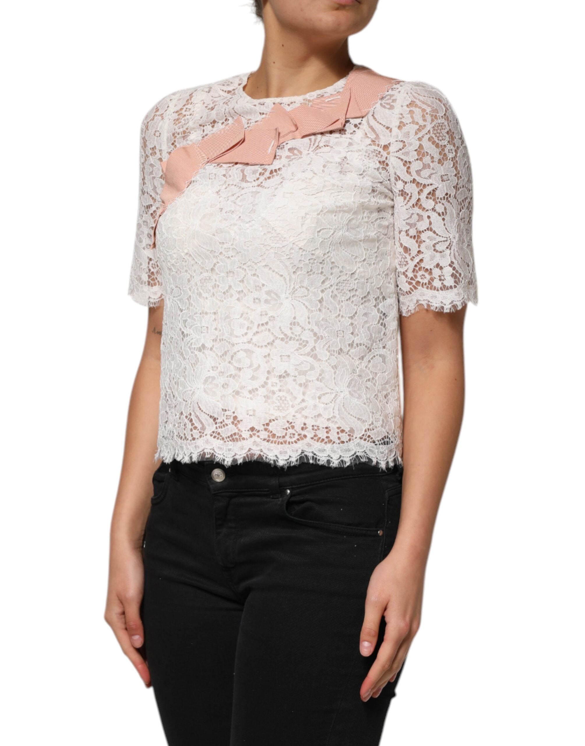 New Dolce & Gabbana White Floral Lace Short Sleeves Blouse Top