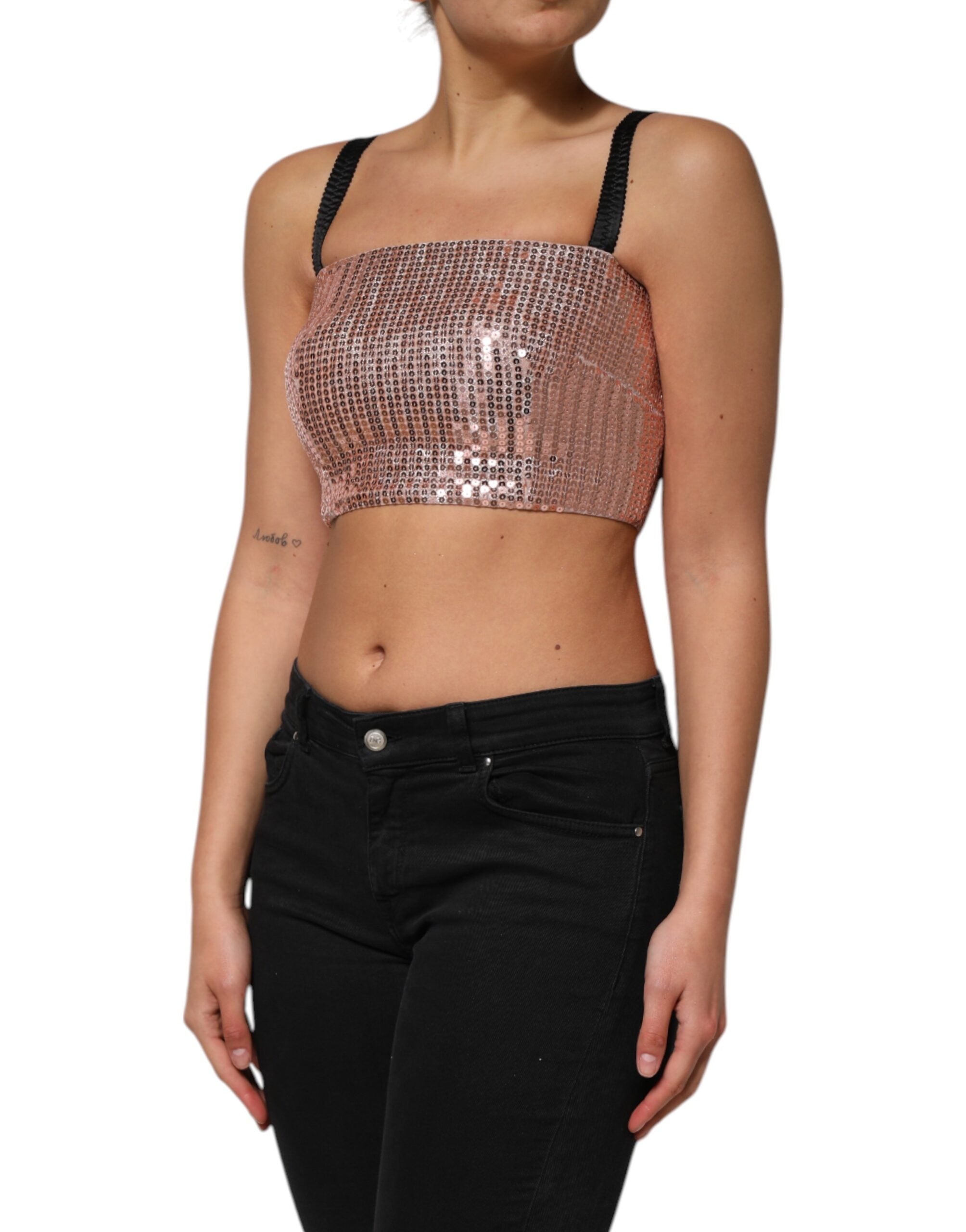 New Dolce & Gabbana Pink Sequined Nylon Sleeveless Cropped Top