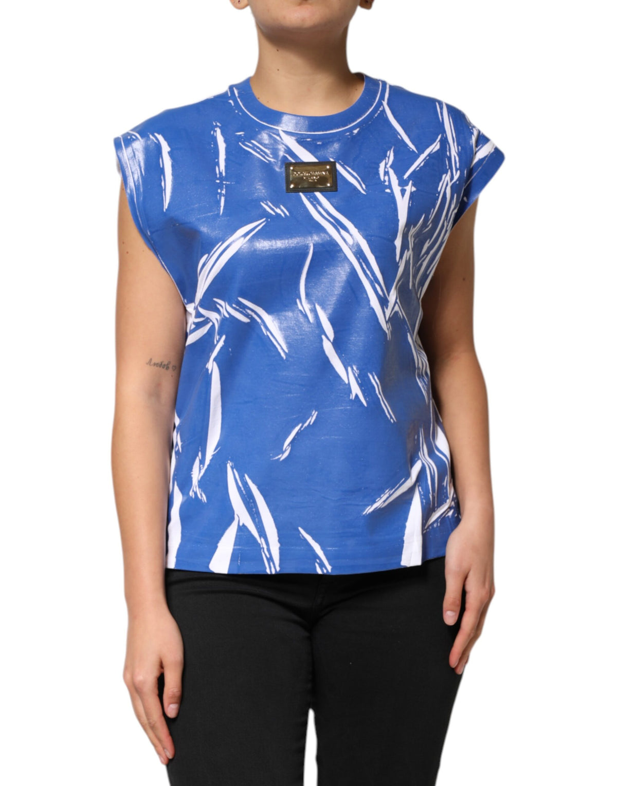 New Dolce & Gabbana Blue White Cotton Logo Plaque Women Tank Top