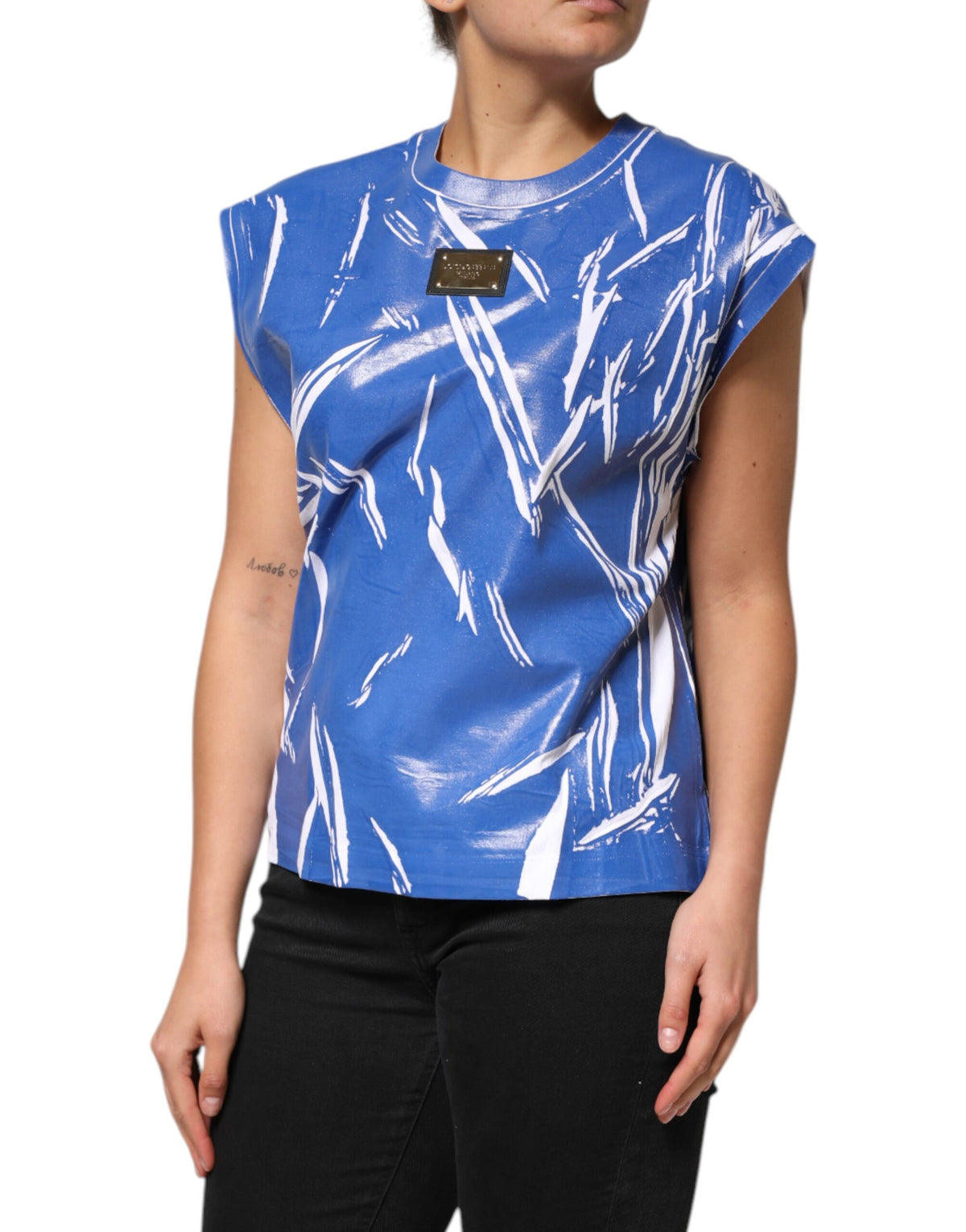 New Dolce & Gabbana Blue White Cotton Logo Plaque Women Tank Top