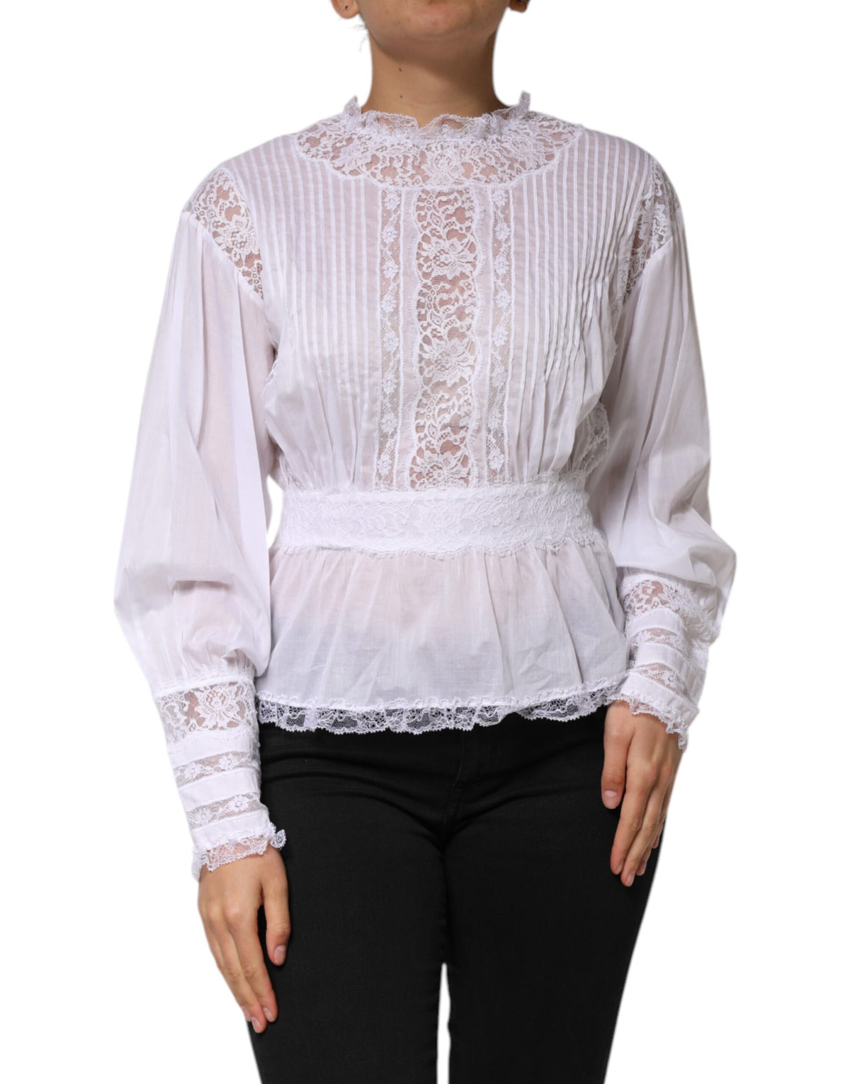 New Dolce & Gabbana White Cotton Floral Lace Long Sleeves Top