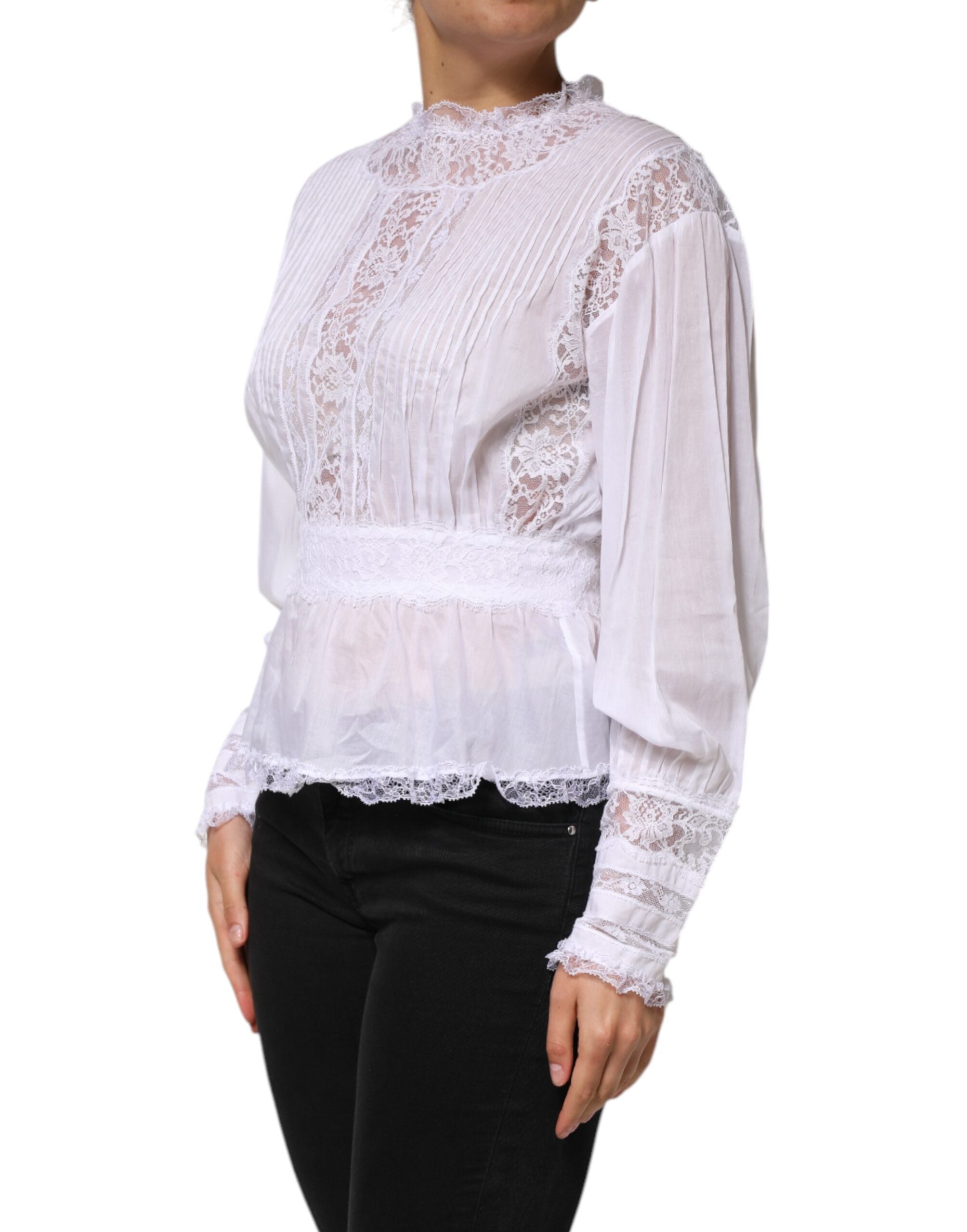 New Dolce & Gabbana White Cotton Floral Lace Long Sleeves Top